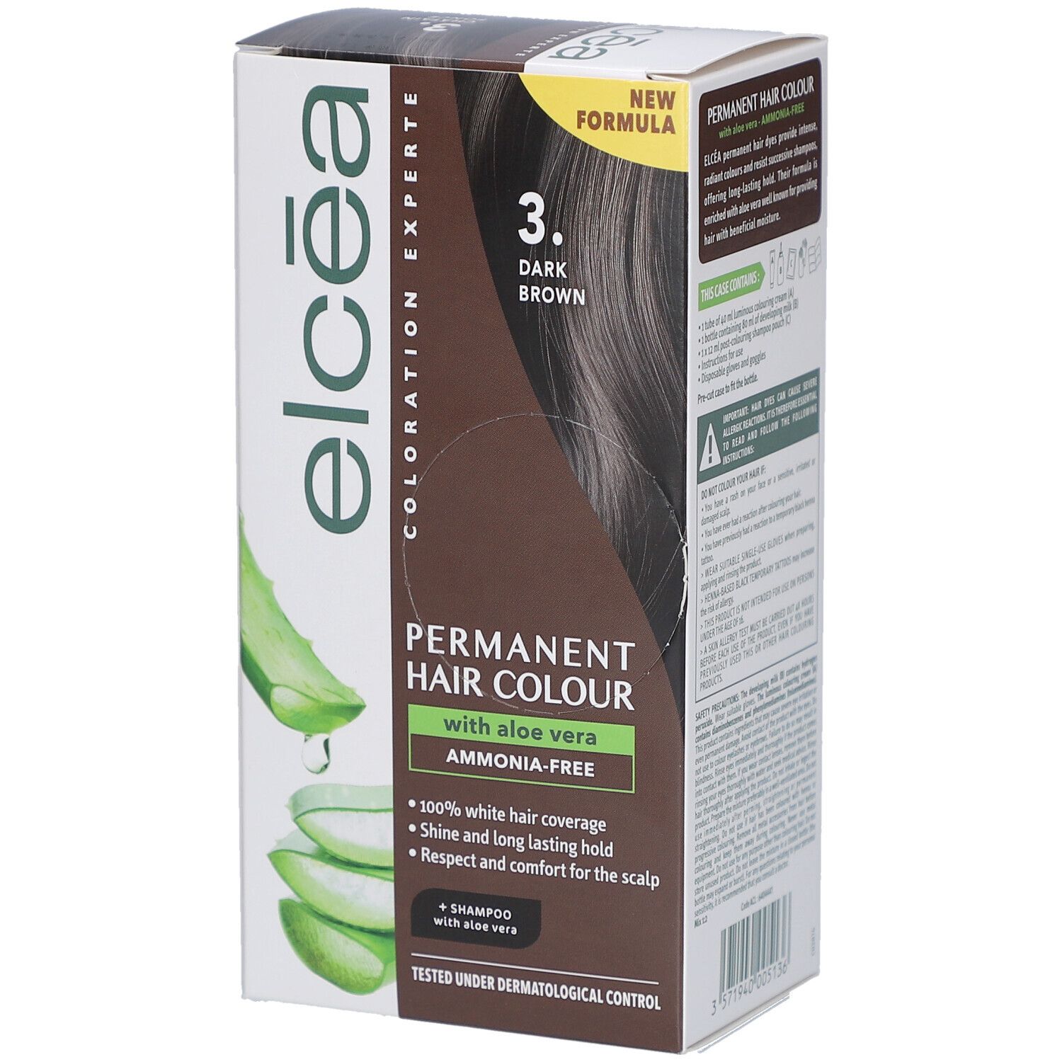 Boîte ELCEA Coloration Permanente Dark Brown 3. À l'aloe vera. Couvre les cheveux blancs, brillance longue durée. Testé dermatologiquement.