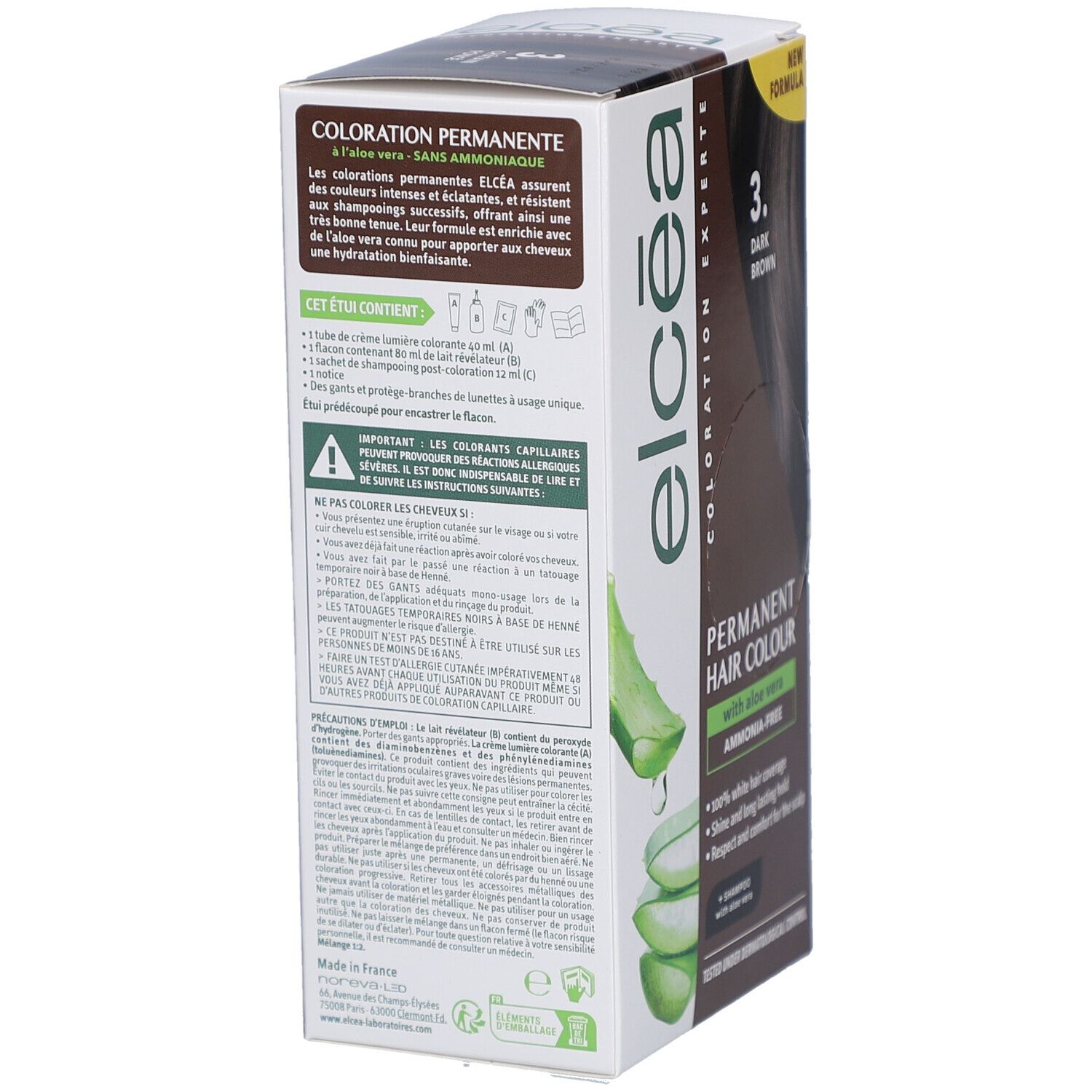 Dos de la boîte ELCEA Coloration Permanente Dark Brown 3. Contient colorant, révélateur, shampooing. Avertissements et mode d'emploi.