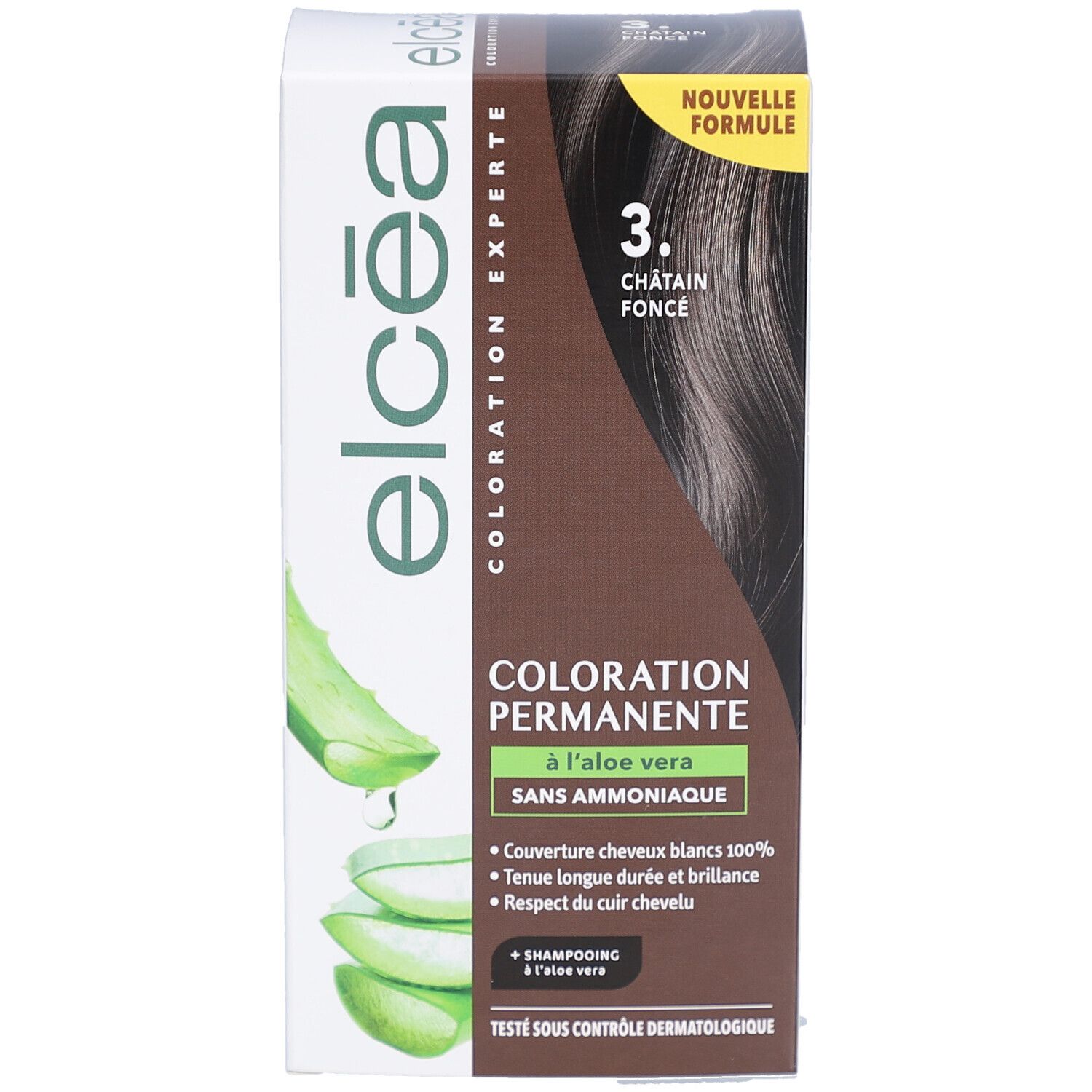 Boîte ELCEA Coloration Permanente Châtain Foncé 3. À l'aloe vera. Couvre les cheveux blancs, brillance longue durée. Testé dermatologiquement.