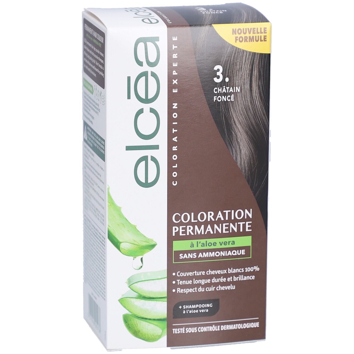 Boîte ELCEA Coloration Permanente Châtain Foncé 3. À l'aloe vera. Couvre les cheveux blancs, brillance longue durée. Testé dermatologiquement.