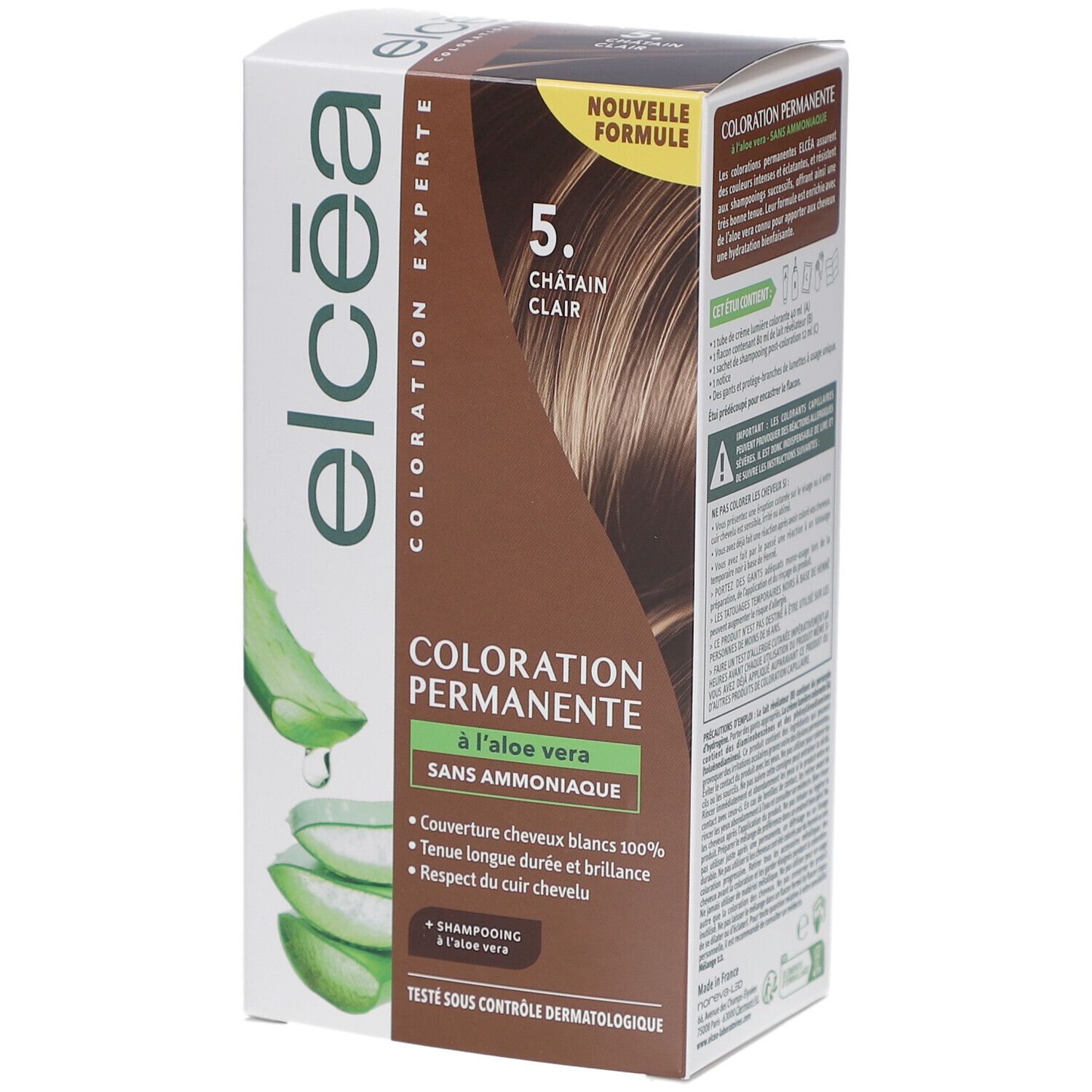 Boîte de coloration capillaire Elcea. Teinte 5 Châtain Clair. Contient de l'aloe vera. Sans ammoniaque. Testé dermatologiquement.