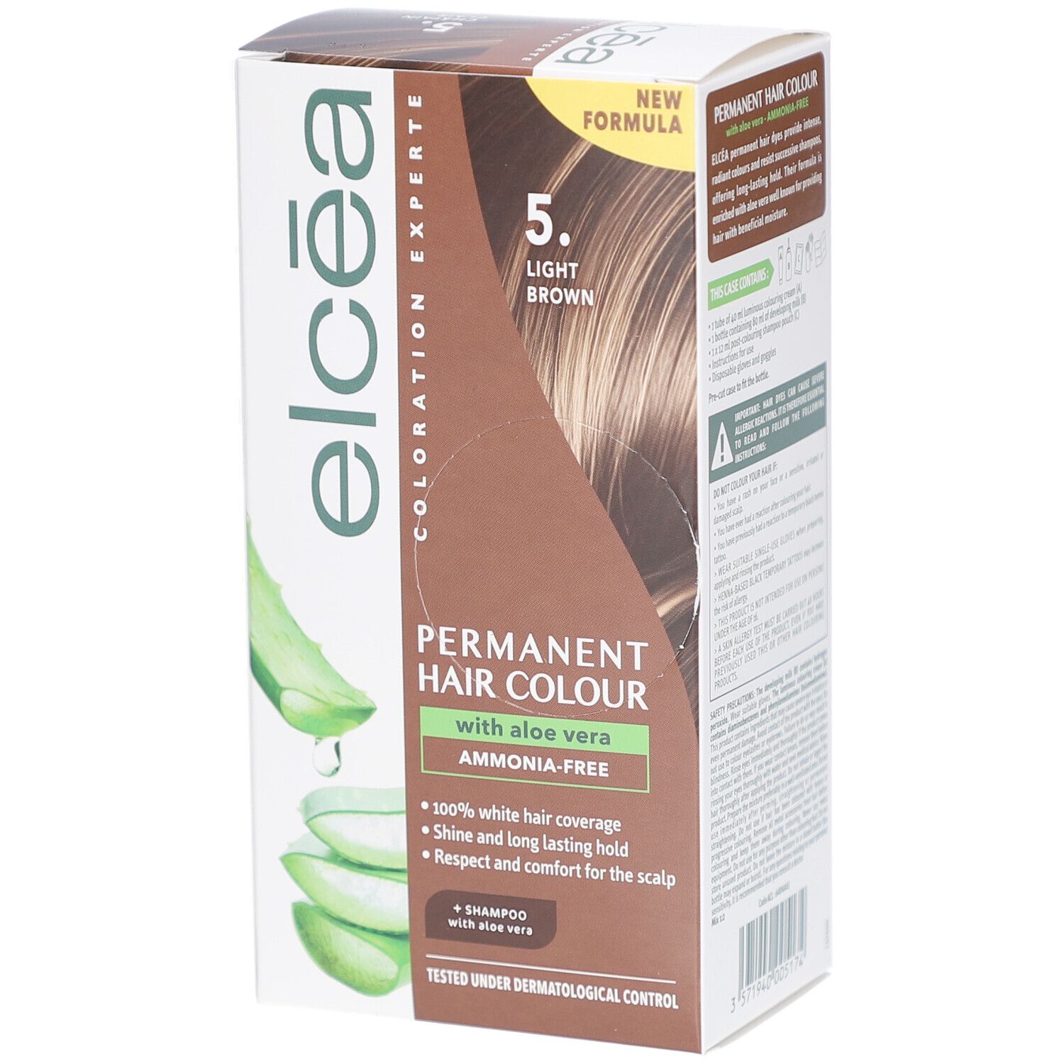 Boîte de coloration permanente. Texte : Coloration permanente à l'aloe vera. 5. Brun clair. Couvre 100% des cheveux blancs. Brillance et longue tenue.