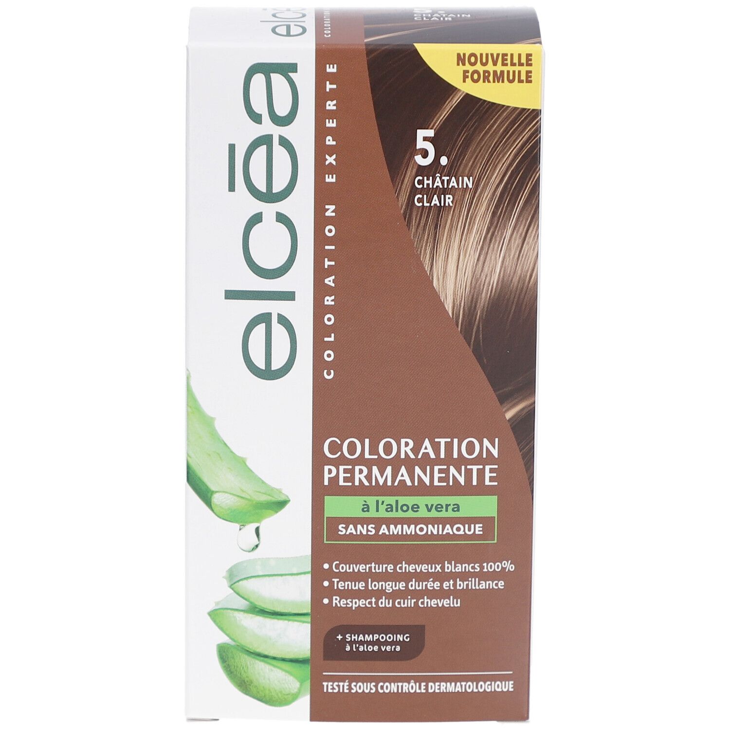 Boîte de coloration permanente sans ammoniaque. 5. Châtain clair. Couvre 100% des cheveux blancs. Tenue longue durée et brillance.