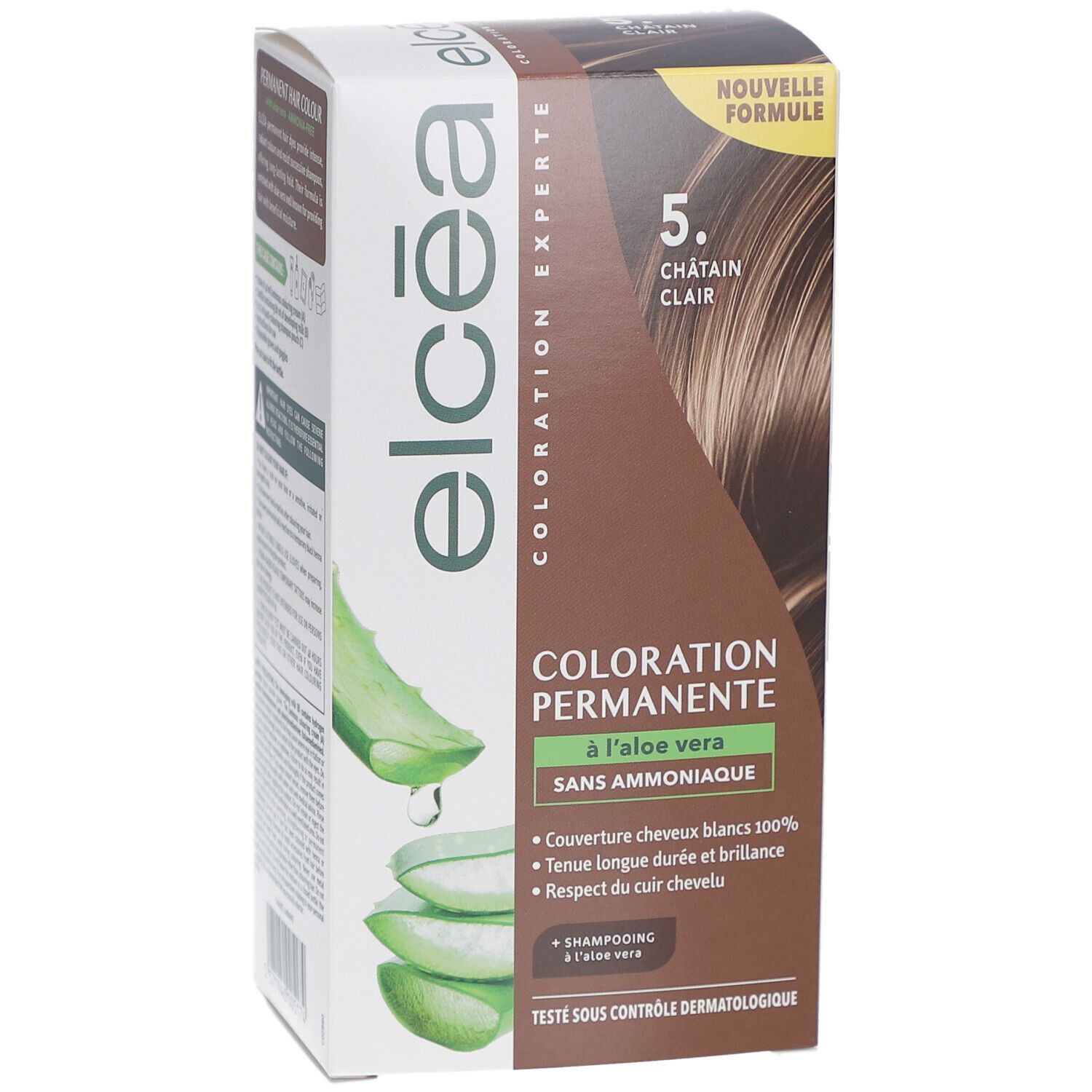Boîte de coloration permanente sans ammoniaque. 5. Châtain clair. Couvre 100% des cheveux blancs. Tenue longue durée et brillance.
