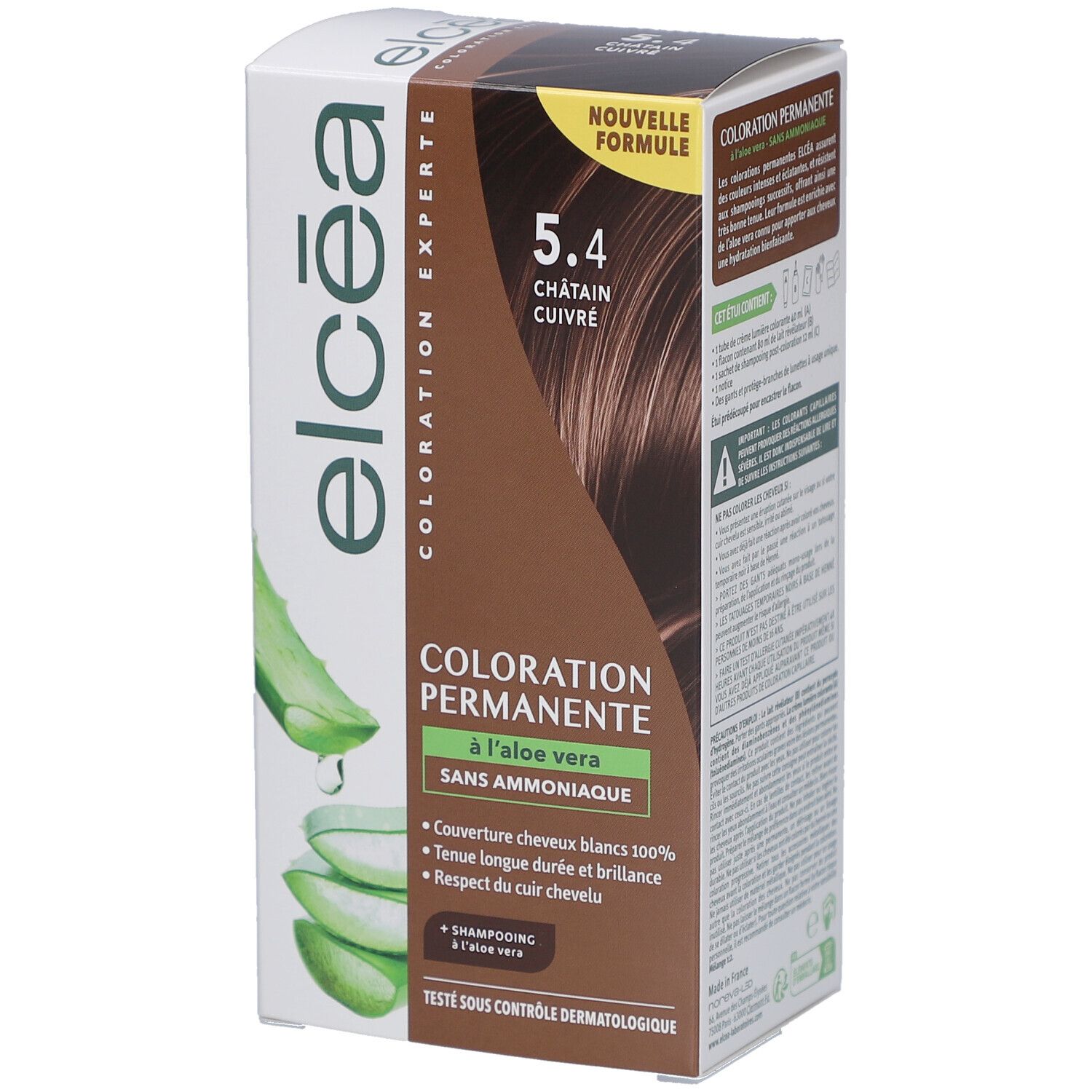 Boîte ELCEA Coloration Permanente 5.4 Châtain cuivré. Contient des informations sur le produit et une illustration d'aloe vera. Sans ammoniaque.