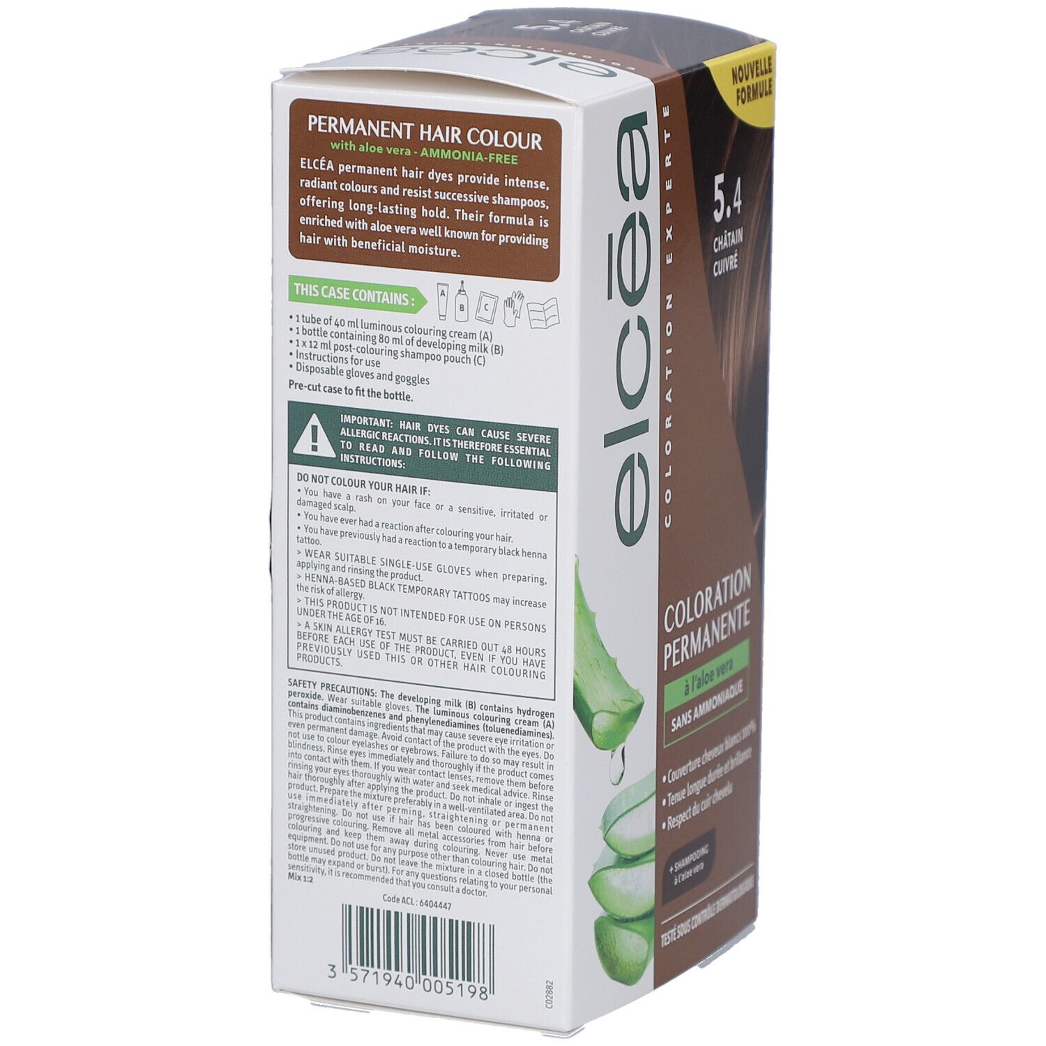 Dos de la boîte ELCEA Coloration Permanente. Contient des informations sur les ingrédients et l'utilisation. Avec illustration d'aloe vera.