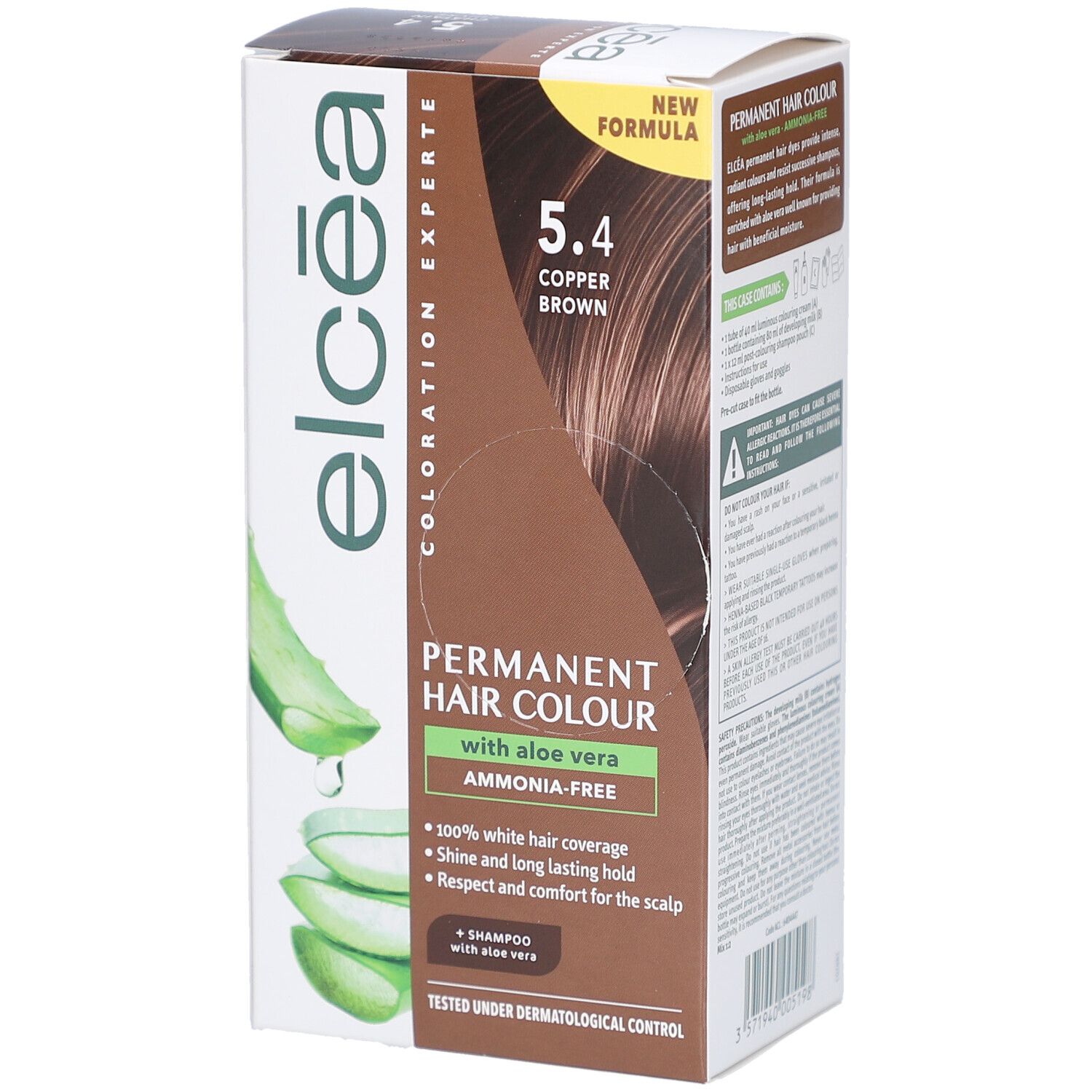 Boîte ELCEA Coloration Permanente 5.4 Copper Brown. Informations produit et illustration aloe vera. Sans ammoniaque.