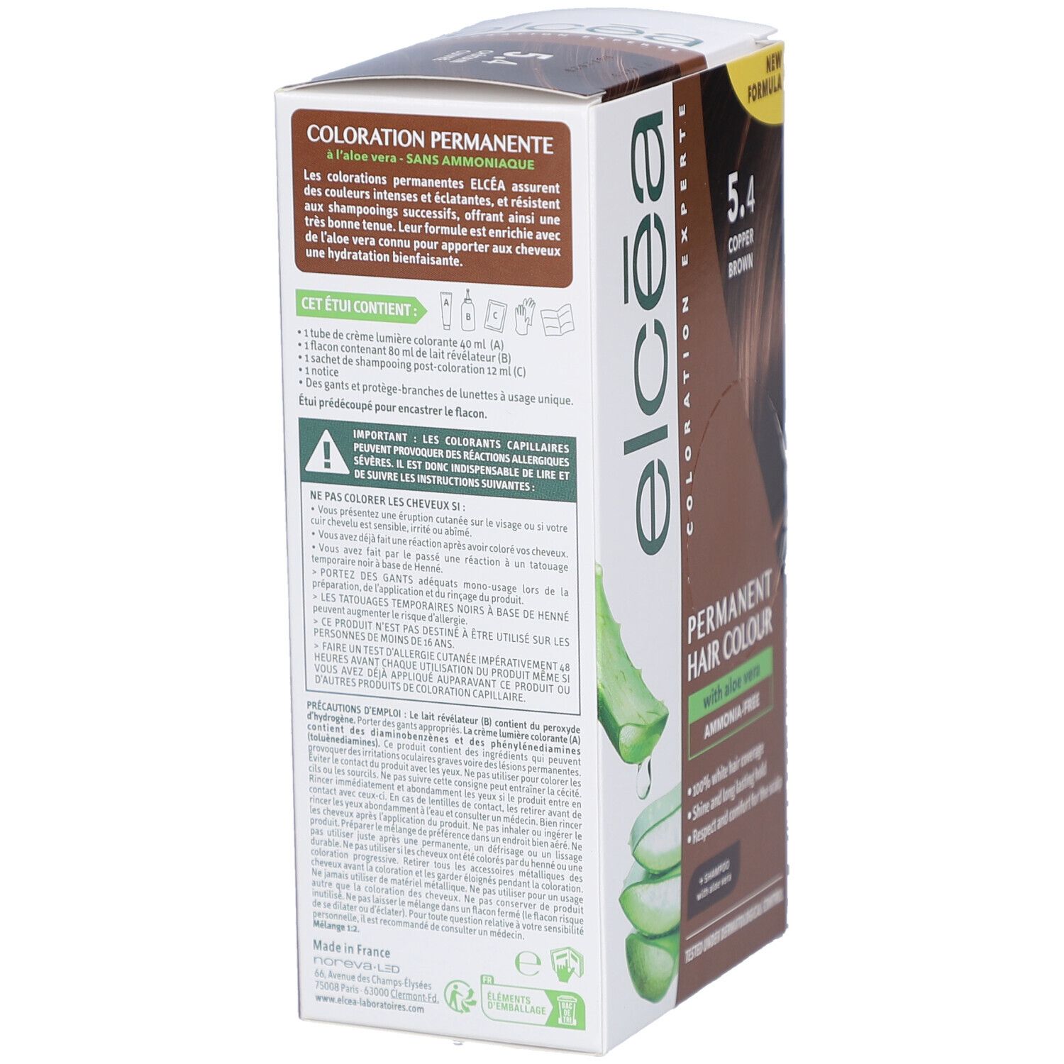 Dos de la boîte ELCEA Coloration Permanente. Informations sur les ingrédients et l'utilisation. Avec illustration aloe vera.