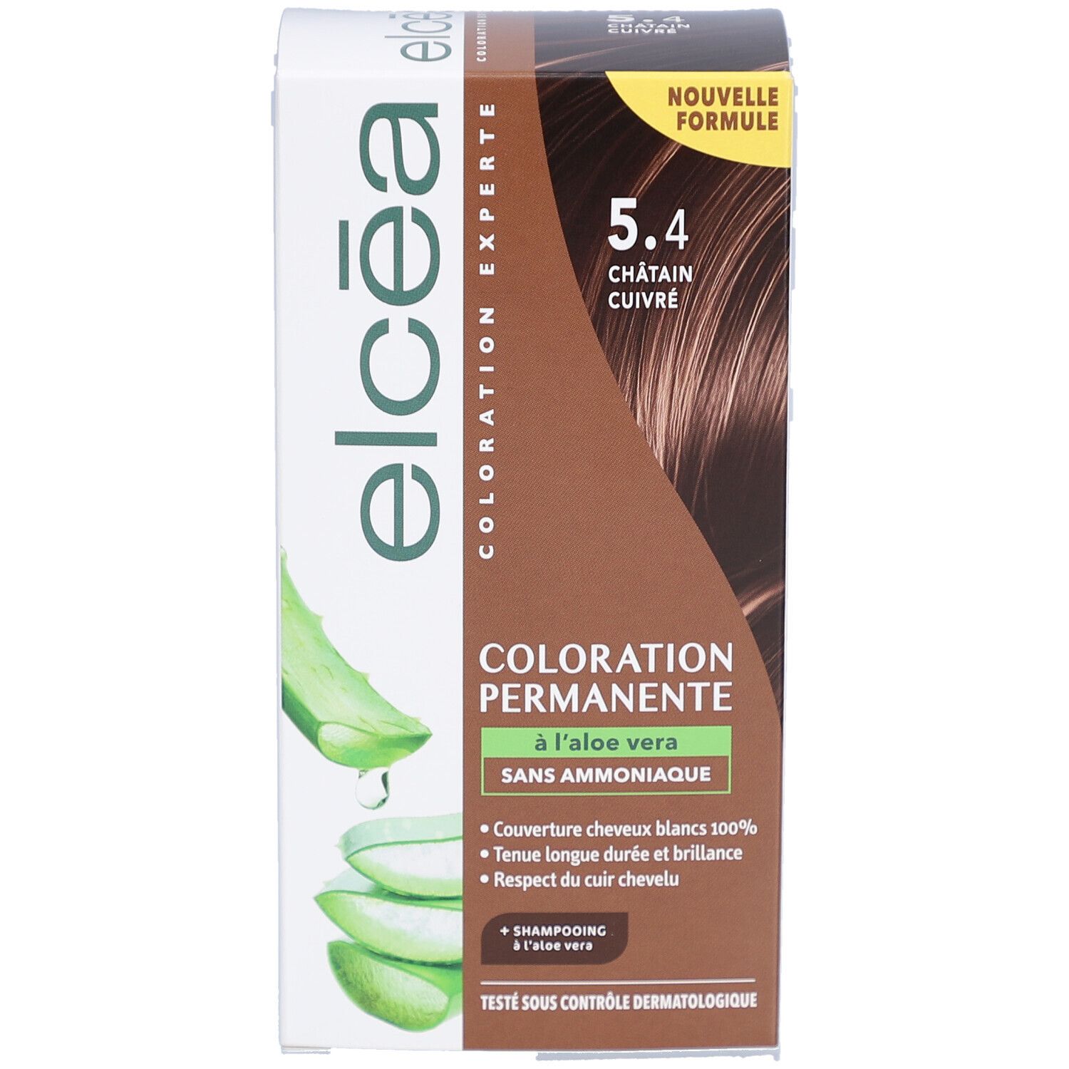 Boîte ELCEA Coloration Permanente 5.4 Châtain cuivré. Informations produit et illustration aloe vera. Sans ammoniaque.