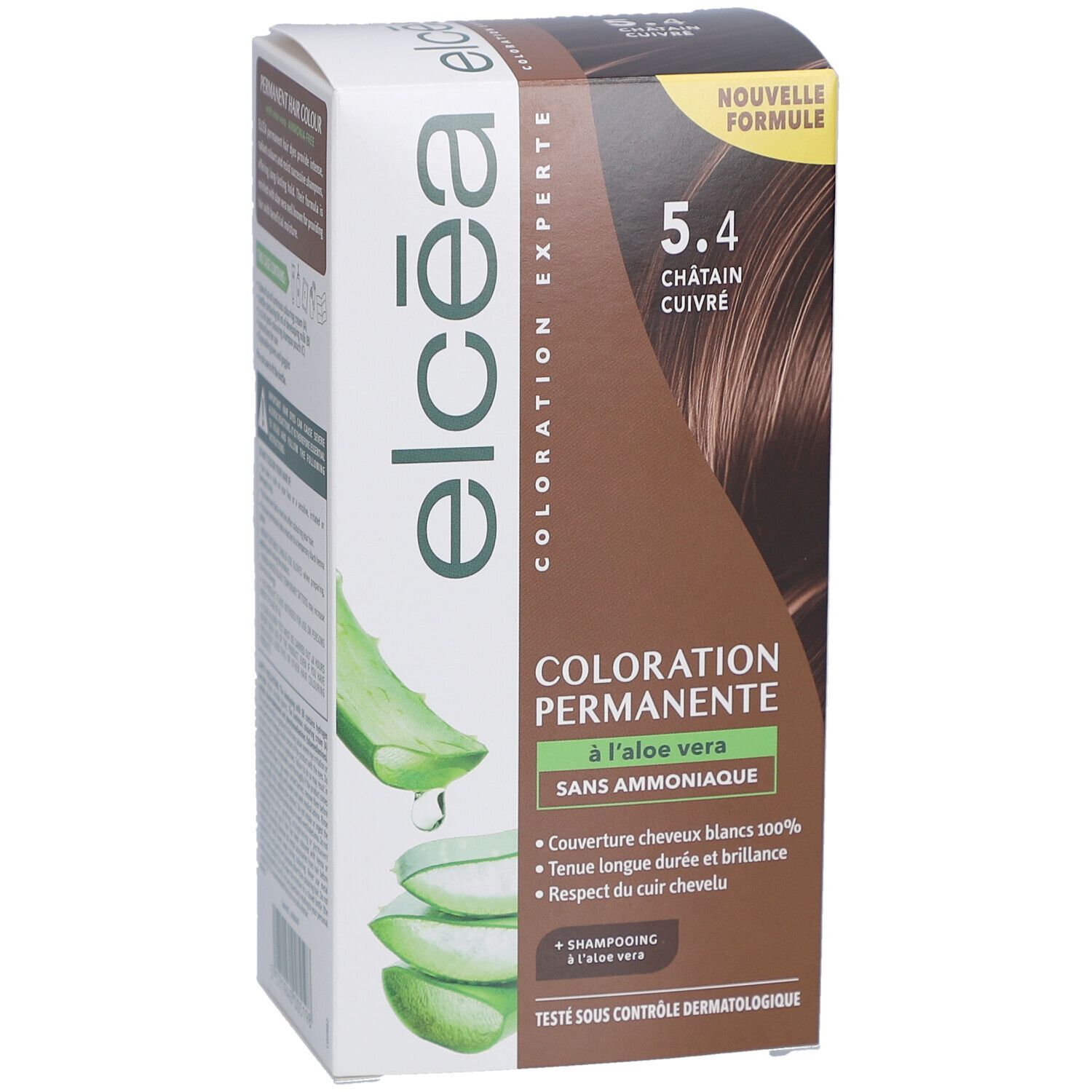 Boîte ELCEA Coloration Permanente 5.4 Châtain cuivré. Informations produit et illustration aloe vera. Sans ammoniaque.