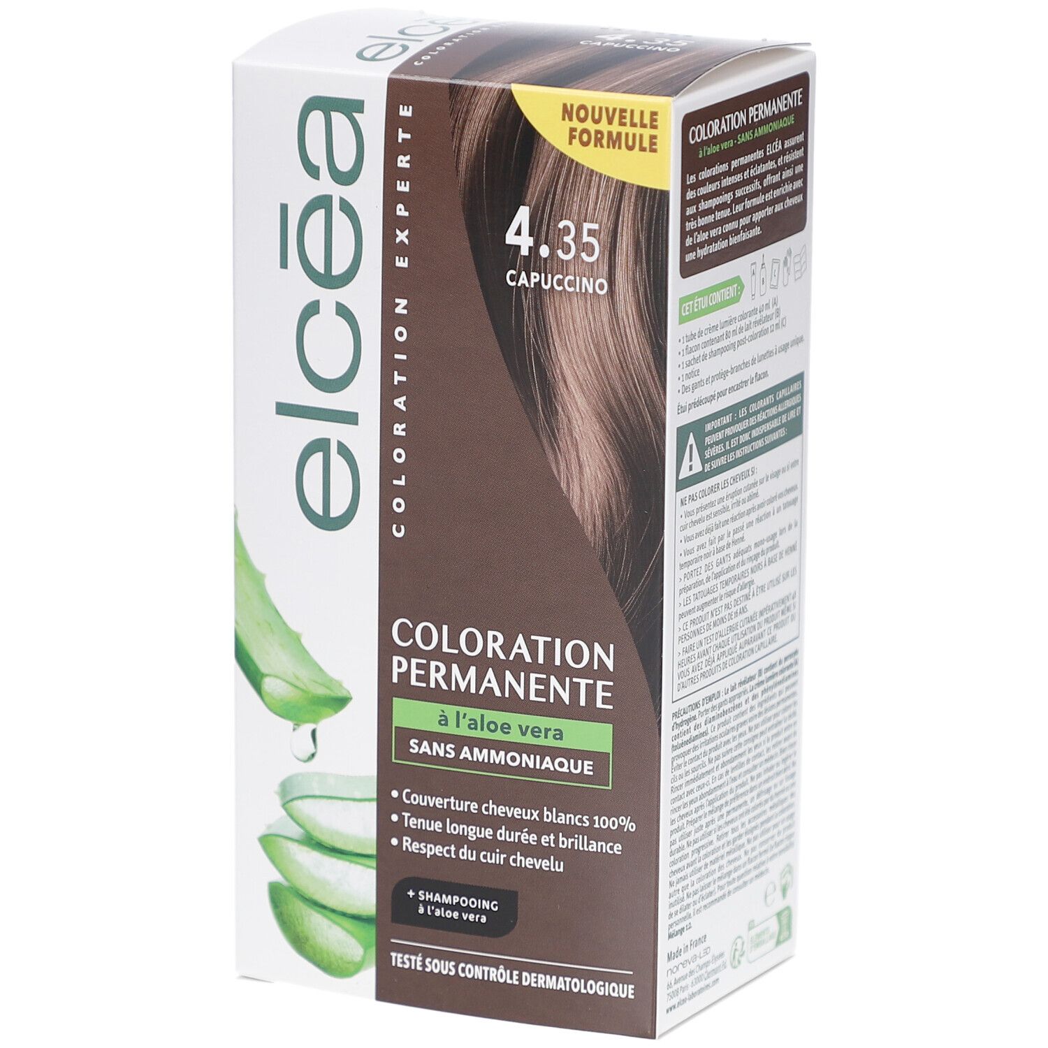 Boîte de coloration permanente Elcea Capuccino 4.35. Contient de l'aloe vera. Couvre 100% des cheveux blancs. Testé dermatologiquement.