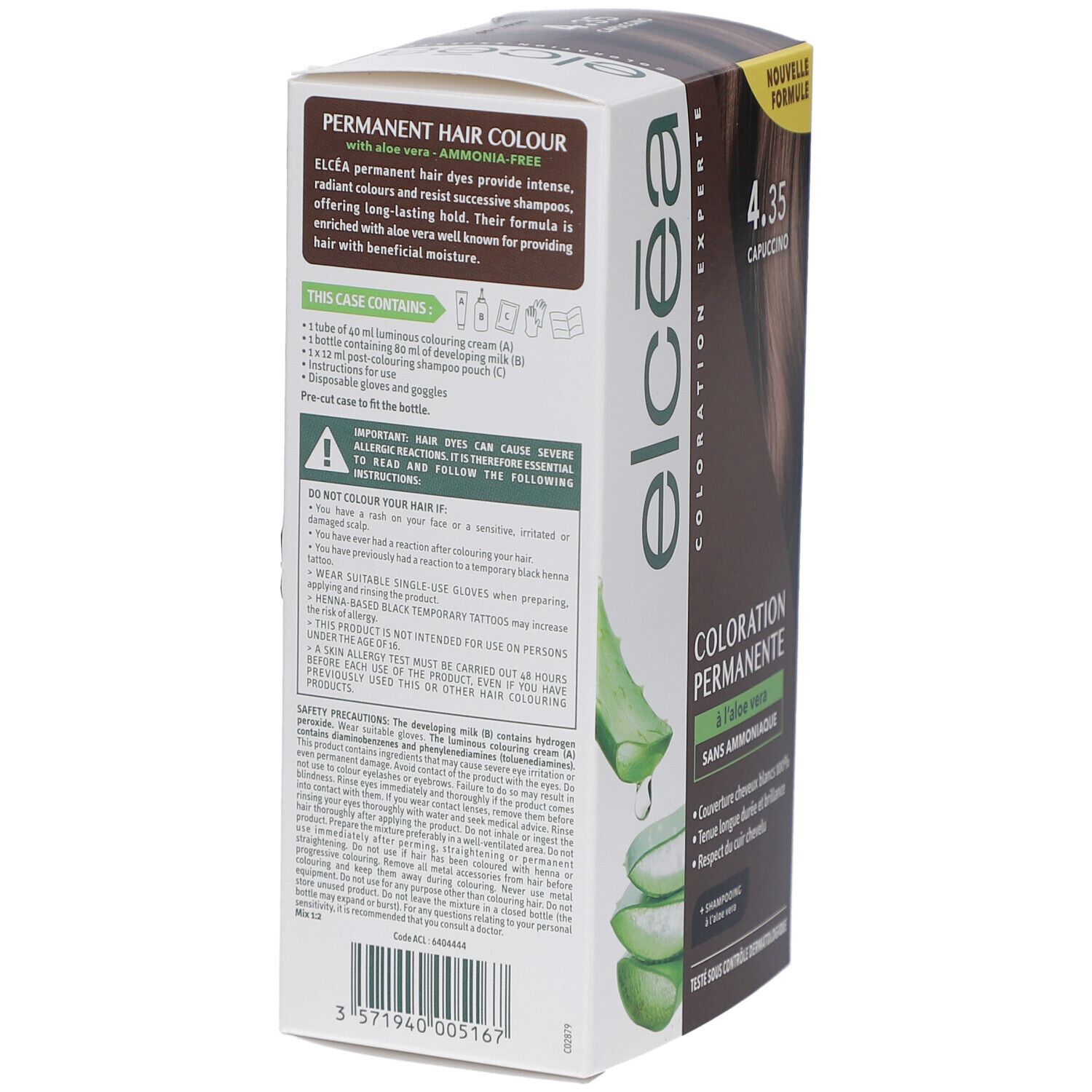 Dos de la boîte de coloration. Contient révélateur, shampooing, notice. Avertissement: peut provoquer des allergies.
