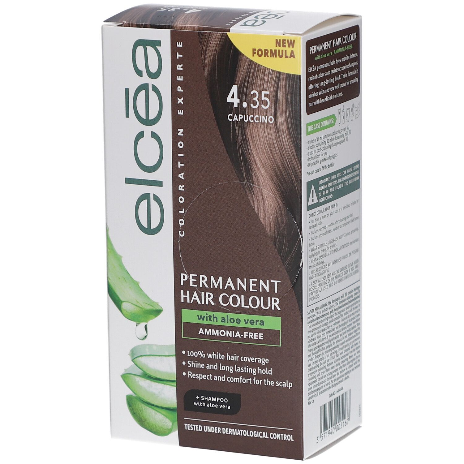 Boîte de coloration permanente Elcea. Avec aloe vera. Couvre les cheveux blancs. Sans ammoniaque.