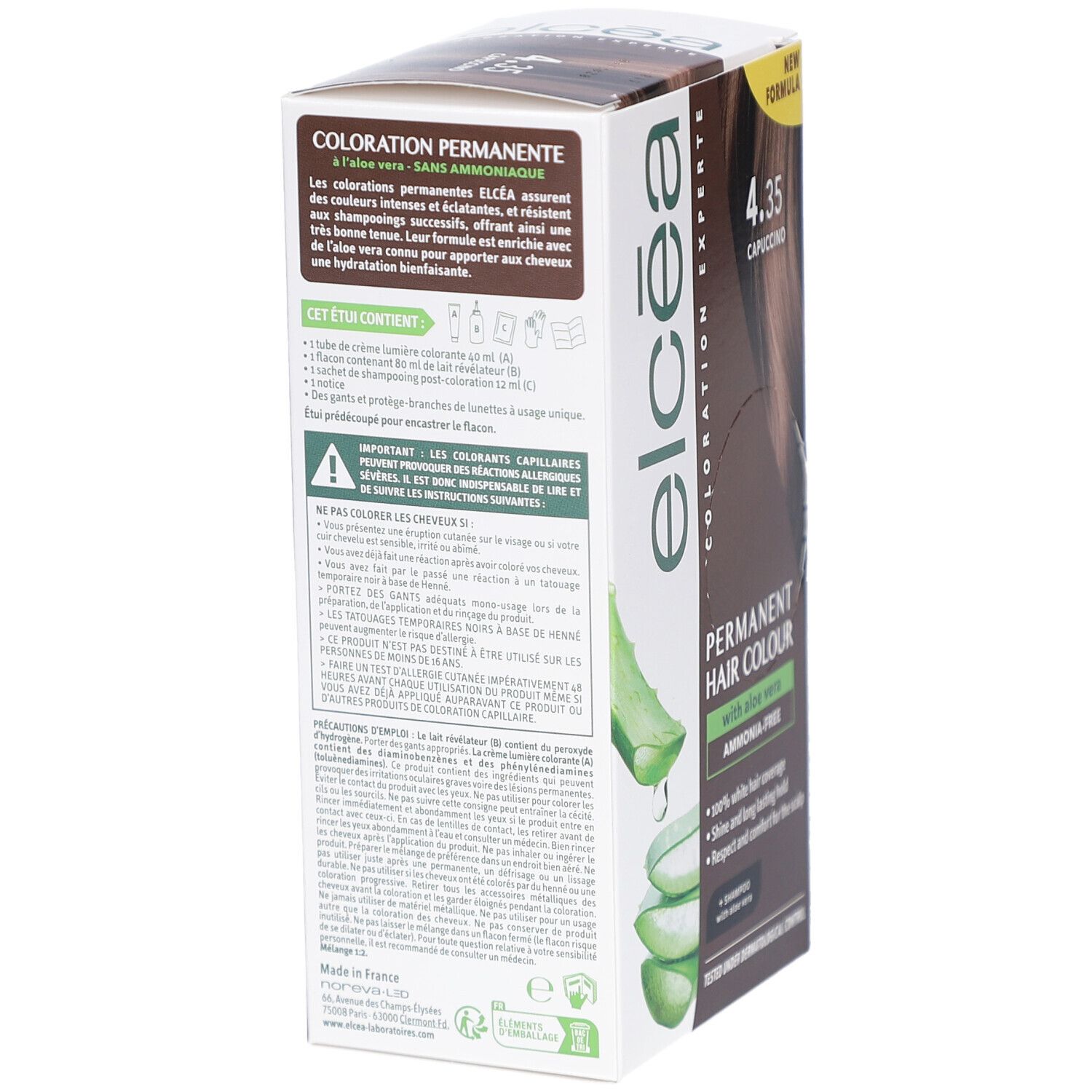 Dos de la boîte de coloration. Contient révélateur, shampooing, notice. Avertissement: peut provoquer des allergies.