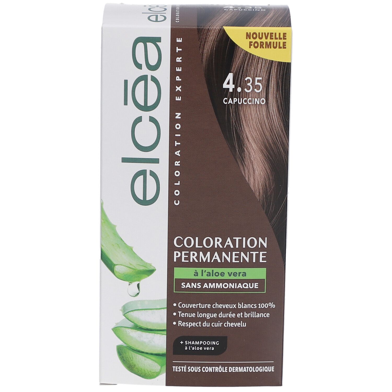 Boîte de coloration permanente. Inscription : ELCEA, Coloration Permanente, 4.35 Capuccino. Avec aloe vera. Sans ammoniaque.