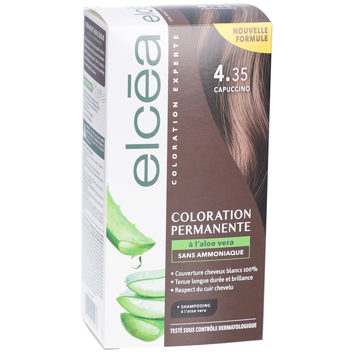 Boîte de coloration permanente Elcea Capuccino 4.35. Contient de l'aloe vera. Couvre 100% des cheveux blancs. Testé dermatologiquement.
