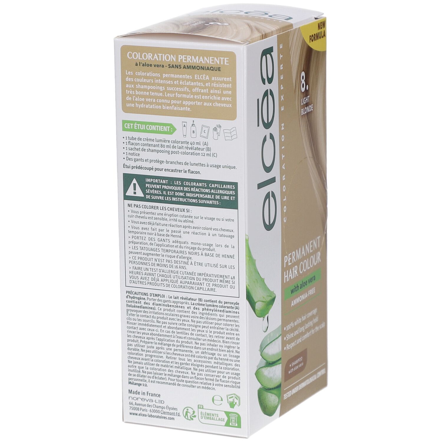 Dos de la boîte de coloration. Contient des informations d'utilisation. Elcea Blond Clair – 8. Avec aloe vera.