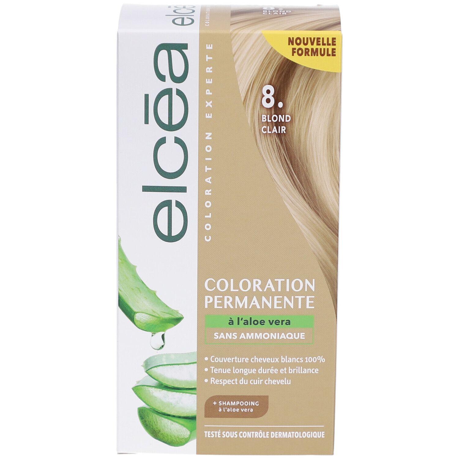 Boîte de coloration permanente Elcea Blond Clair – 8. Avec aloe vera. Couvre les cheveux blancs. Sans ammoniaque.