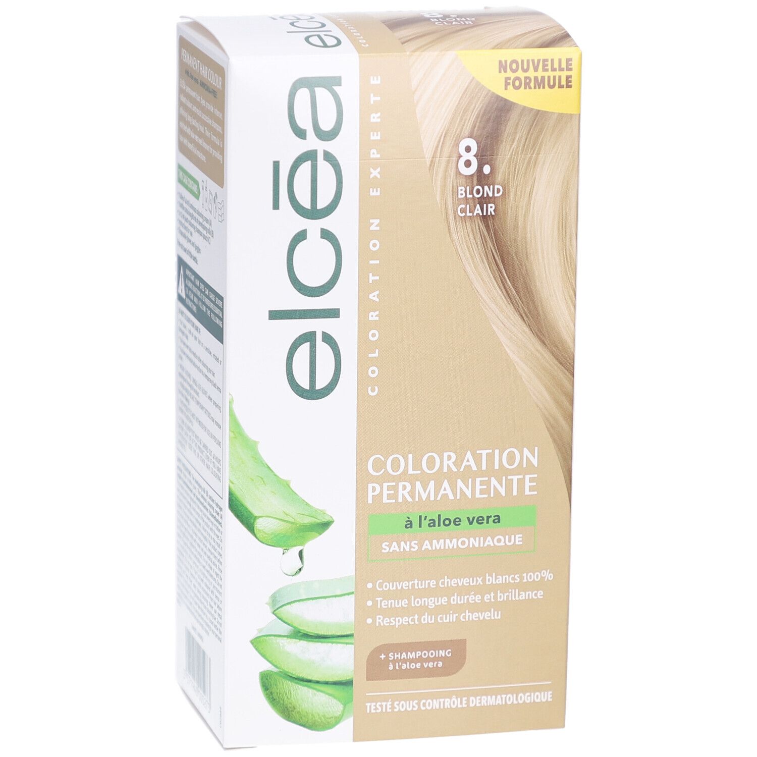 Boîte de coloration permanente Elcea Blond Clair – 8. Avec aloe vera. Couvre les cheveux blancs. Sans ammoniaque.