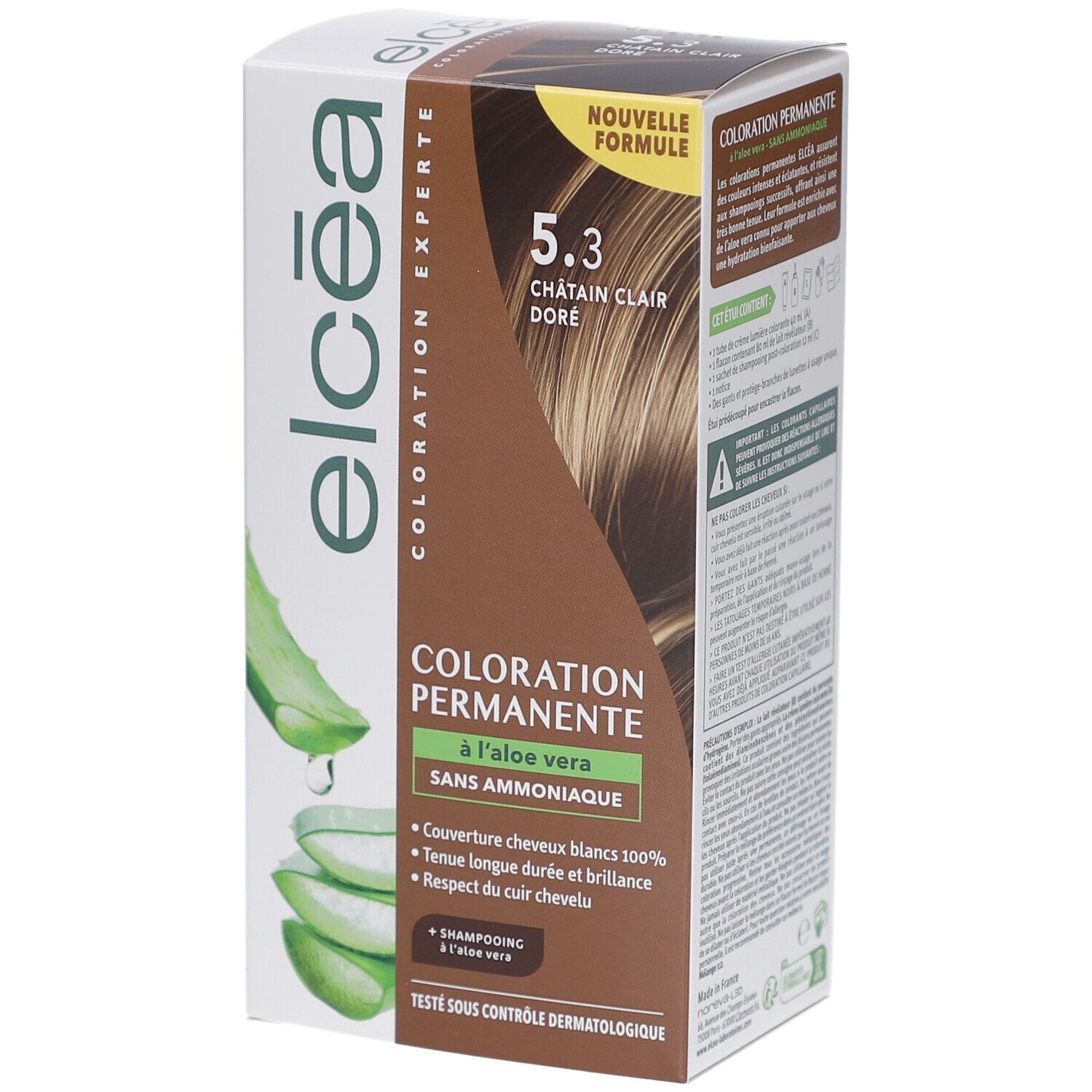Boîte de coloration capillaire ELCEA 5.3 Châtain Clair Doré. Contient de l'aloe vera. Sans ammoniaque. Testé dermatologiquement.