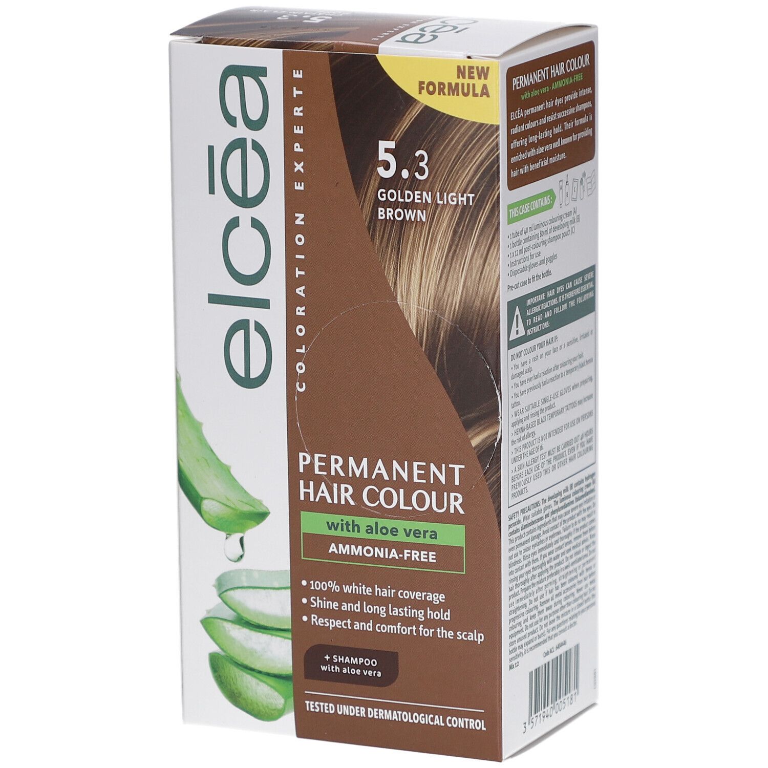 Boîte de coloration capillaire ELCEA 5.3 Golden Light Brown. Avec aloe vera. Sans ammoniaque.