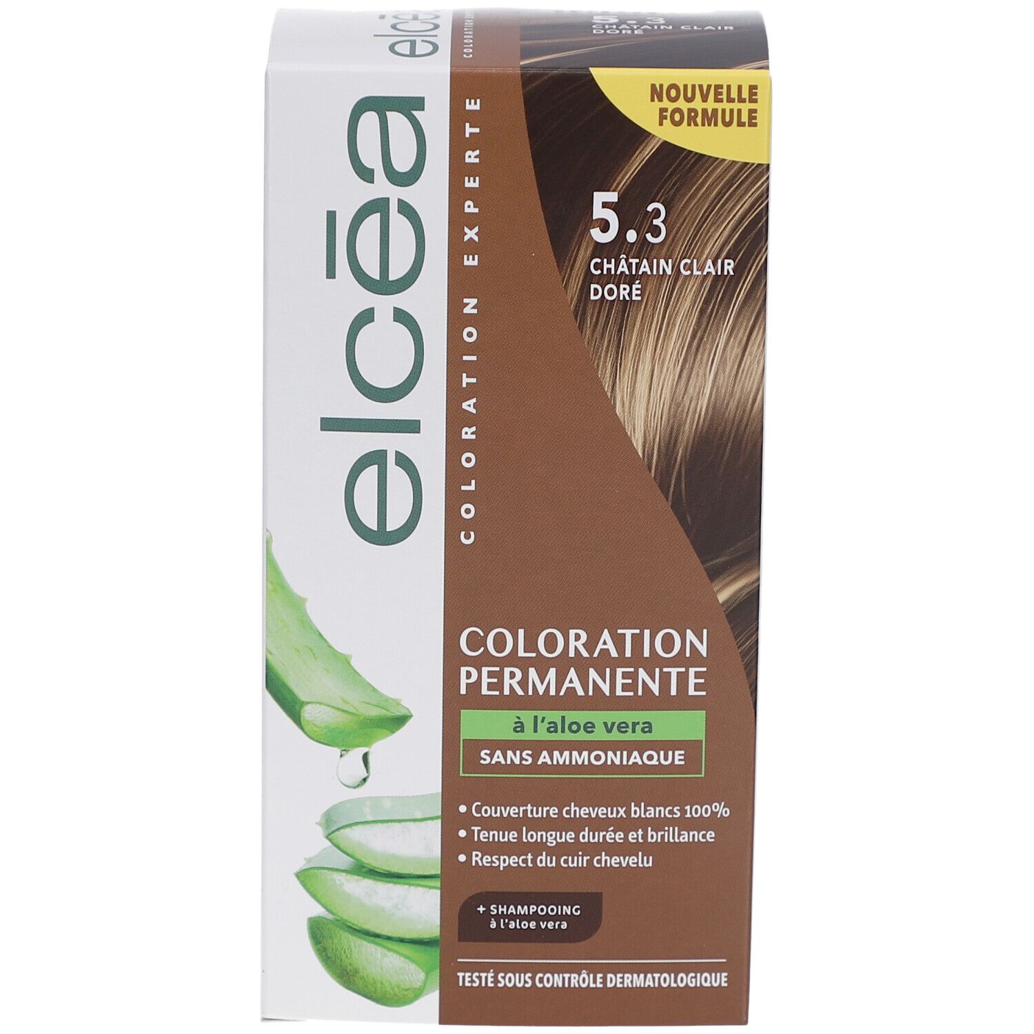 Boîte de coloration capillaire ELCEA 5.3 Châtain Clair Doré. Avec aloe vera. Sans ammoniaque.