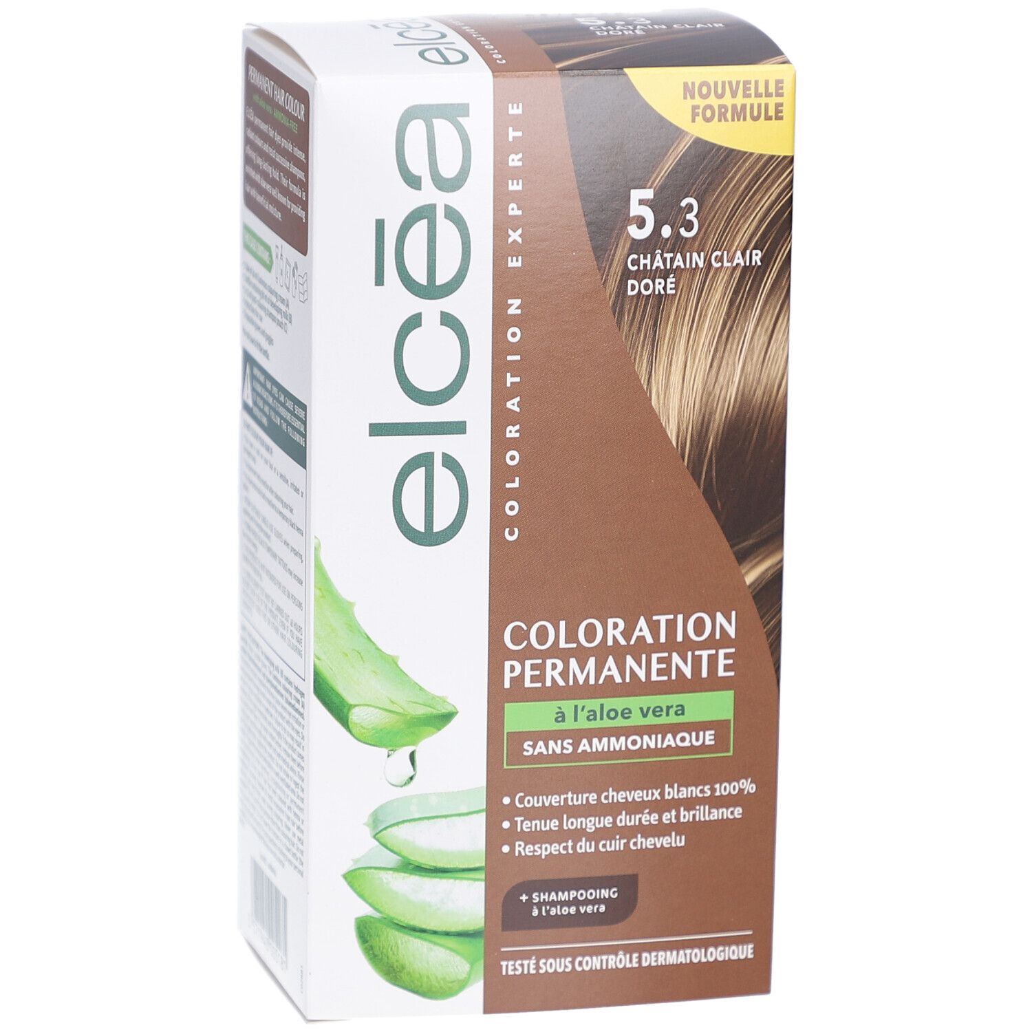 Boîte de coloration capillaire ELCEA 5.3 Châtain Clair Doré. Avec aloe vera. Sans ammoniaque.