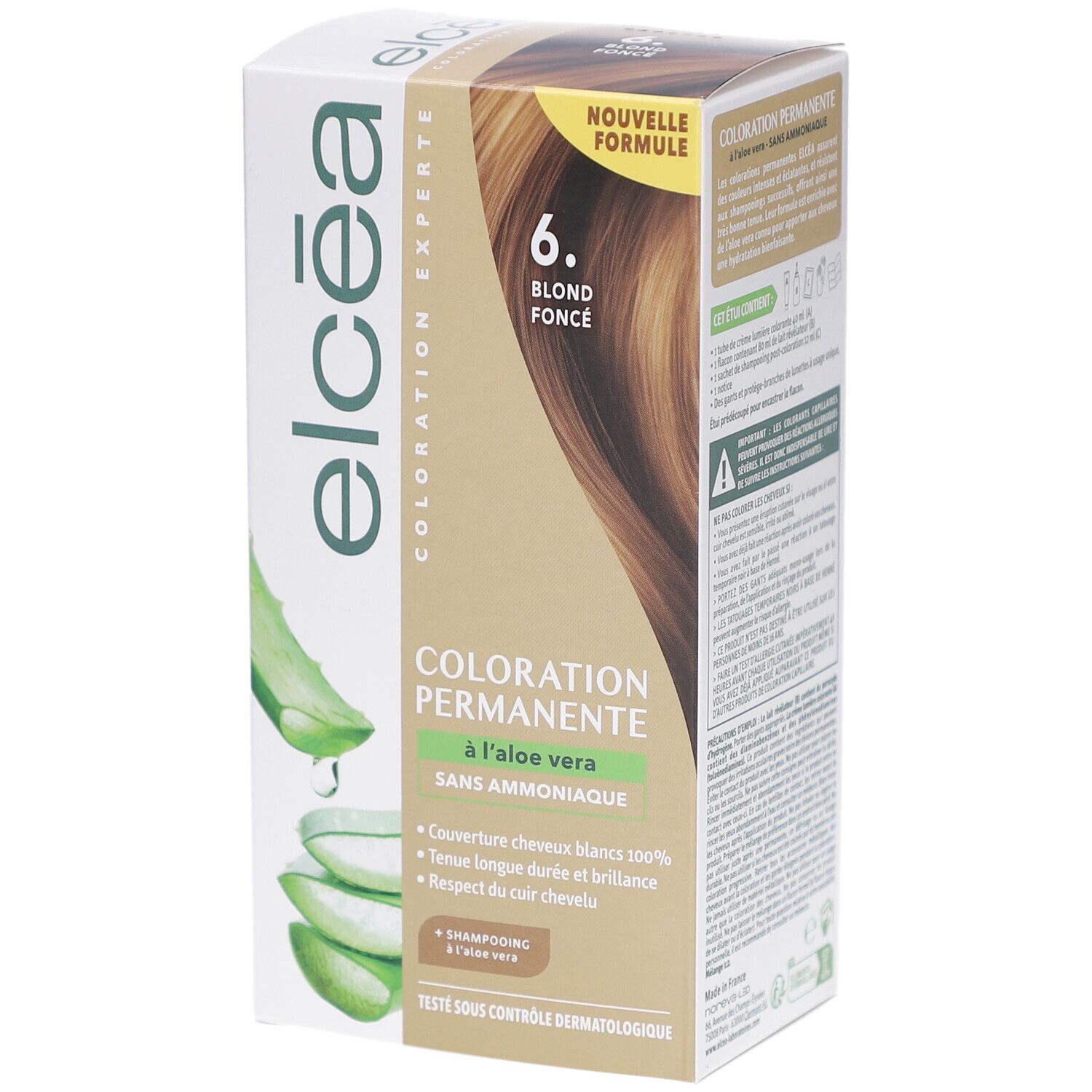 Boîte Elcea Coloration Permanente Blond Foncé – 6. Visuel produit et aloe vera. Texte: Coloration Permanente, sans ammoniaque.