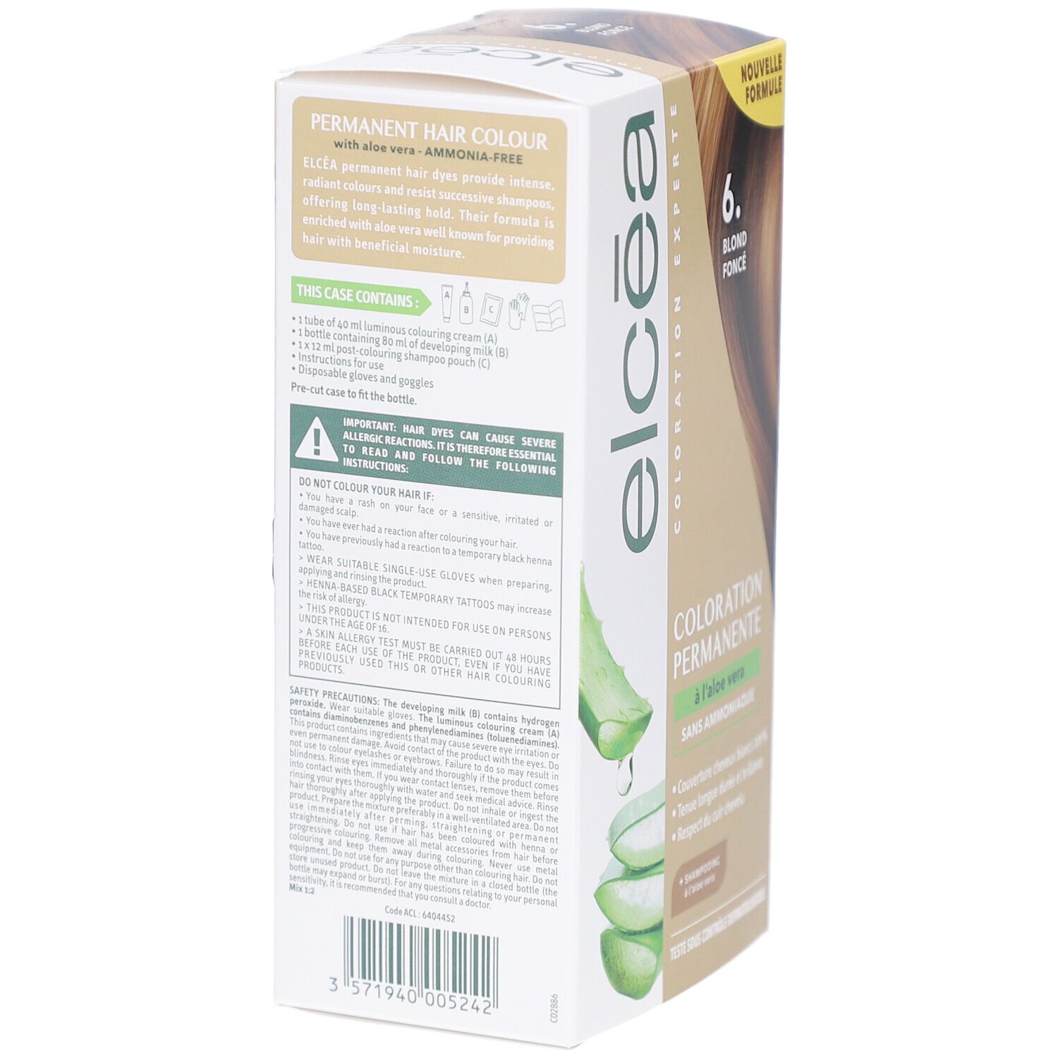 Dos de la boîte Elcea Coloration Permanente. Texte: Permanent Hair Colour with aloe vera, ammonia-free. Contient instructions et ingrédients.