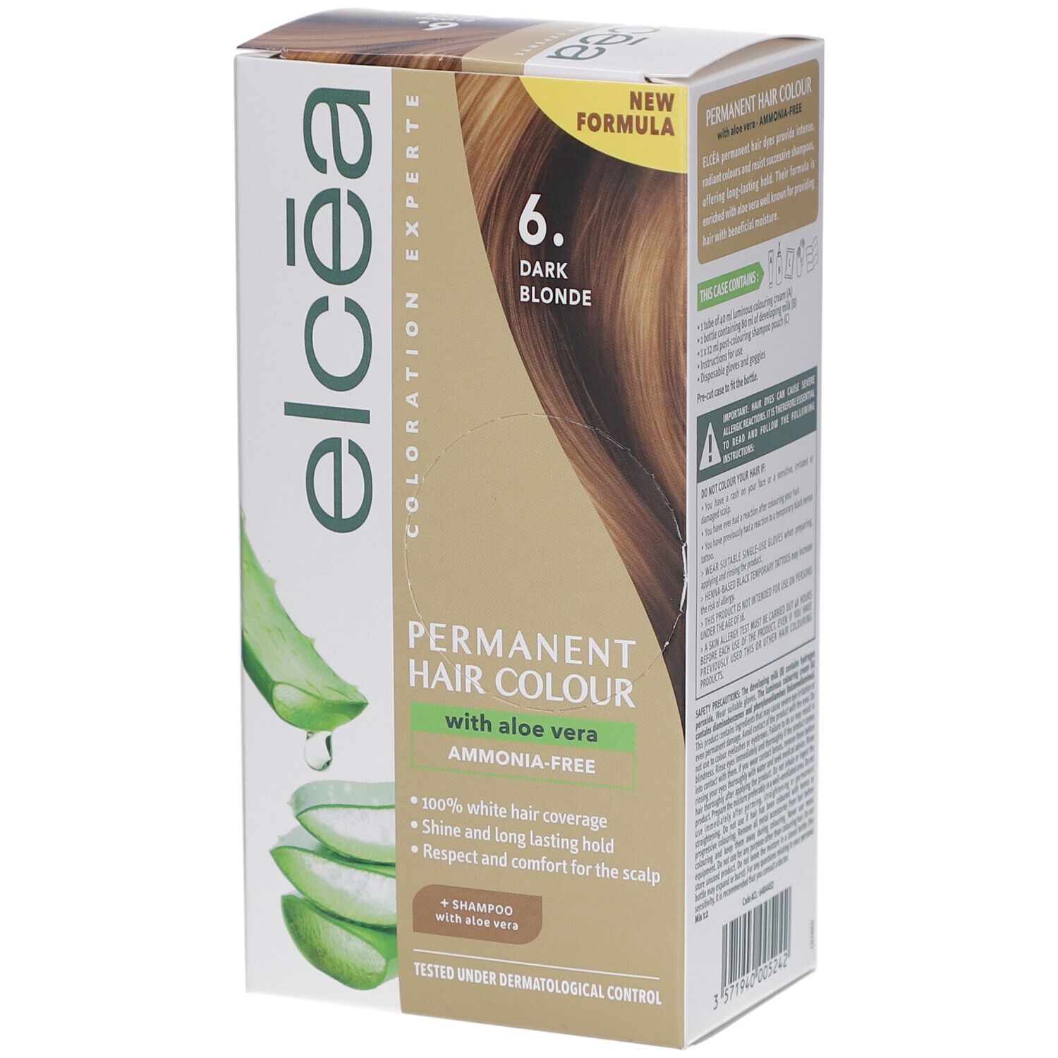 Boîte Elcea Coloration Permanente Dark Blonde – 6. Visuel produit et aloe vera. Texte: Permanent Hair Colour, ammonia-free.