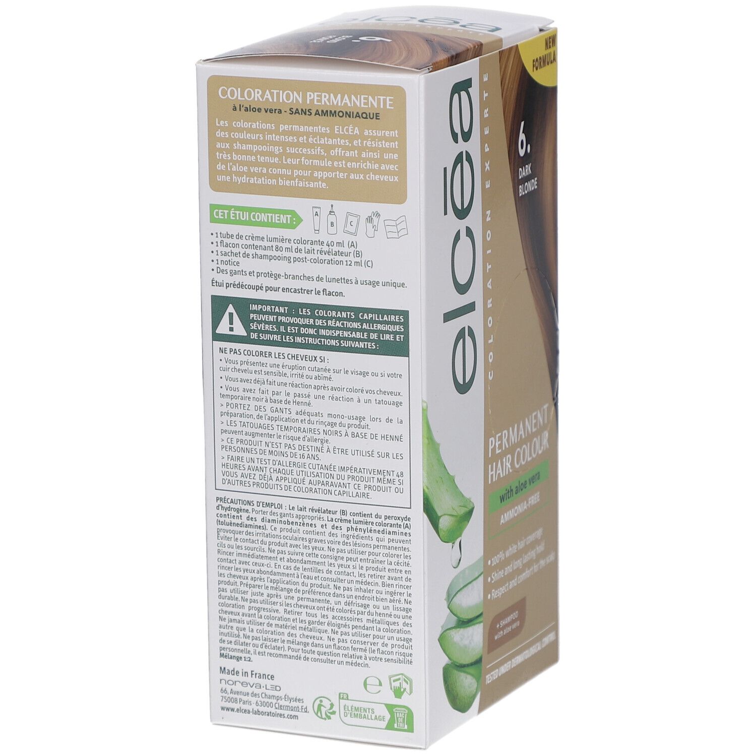 Dos de la boîte Elcea Coloration Permanente. Texte: Coloration Permanente à l'aloe vera, sans ammoniaque. Contient instructions et ingrédients.