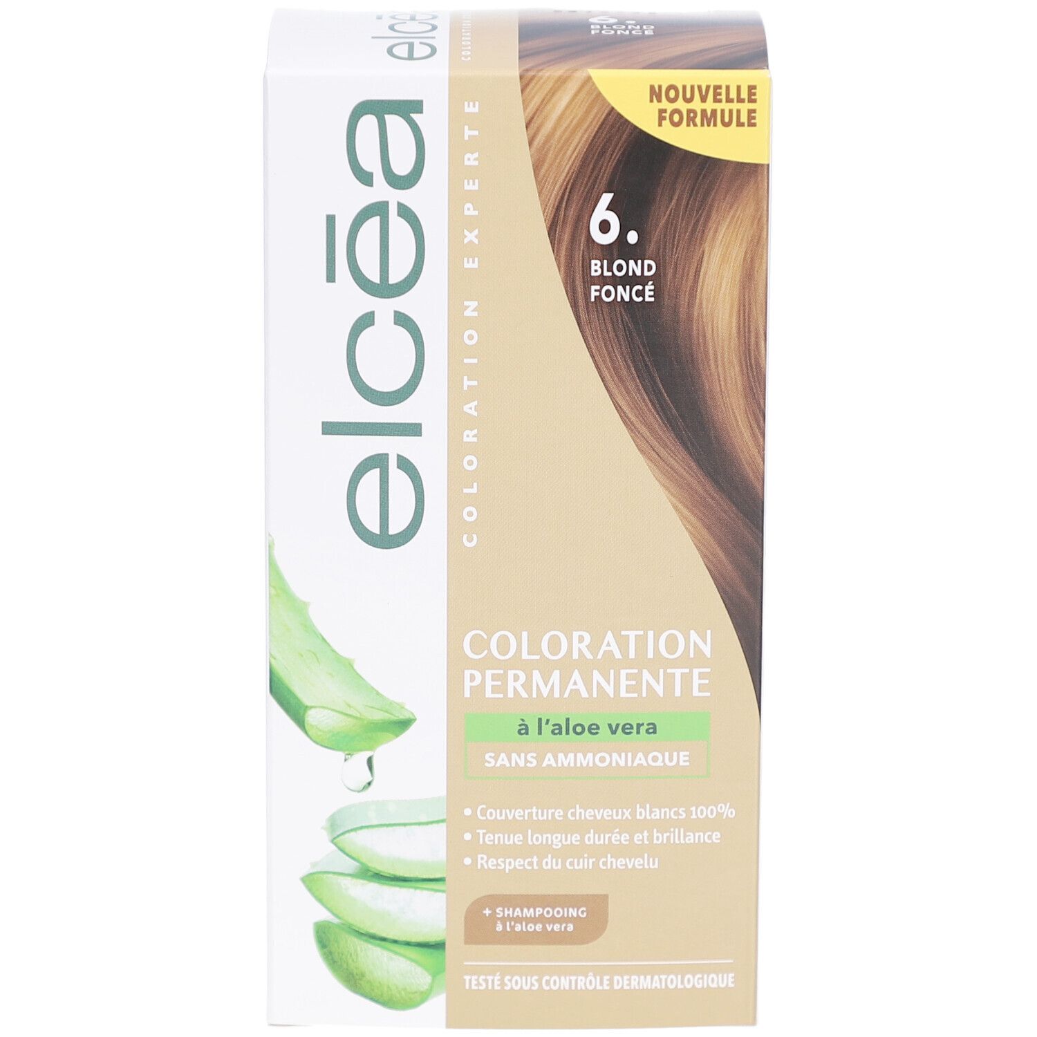 Boîte Elcea Coloration Permanente Blond Foncé – 6. Visuel produit et aloe vera. Texte: Coloration Permanente, sans ammoniaque.