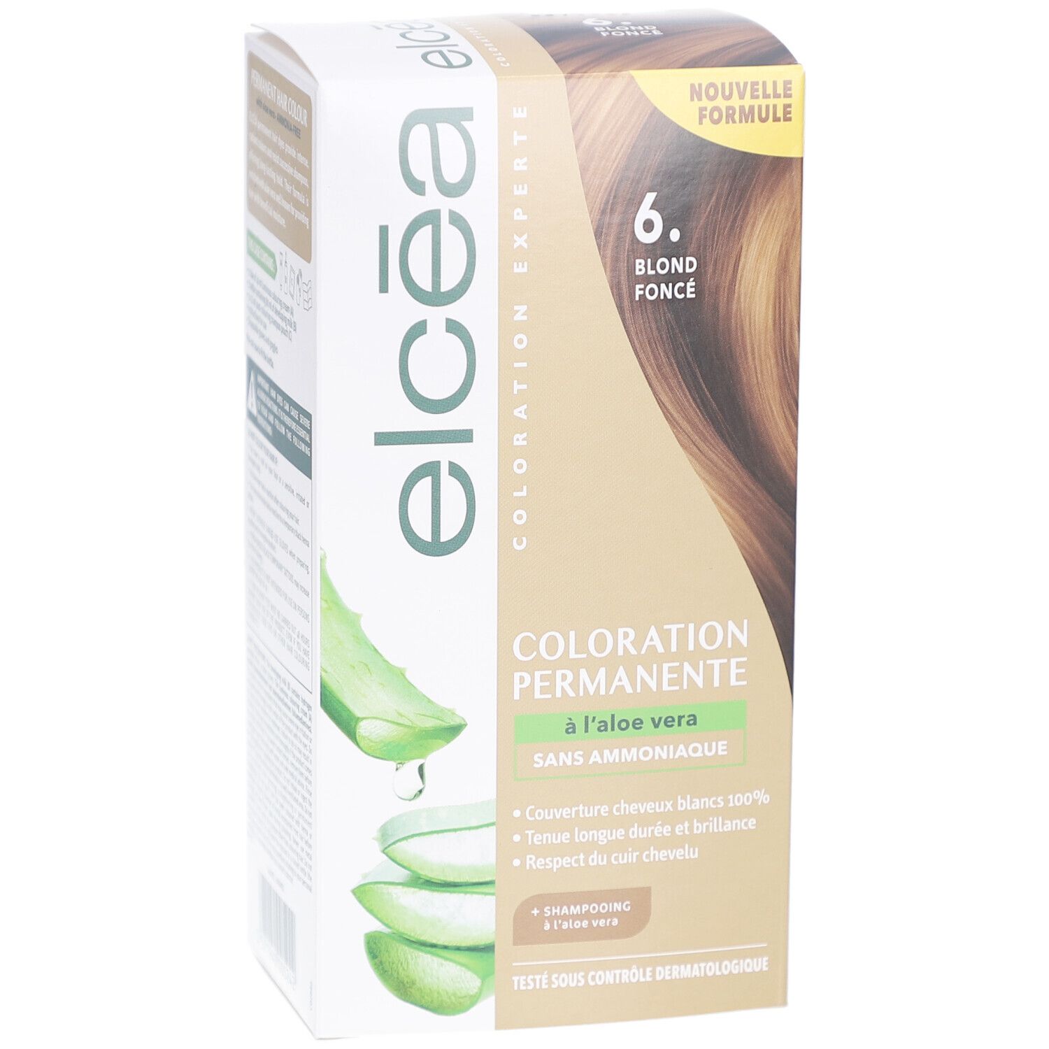 Boîte Elcea Coloration Permanente Blond Foncé – 6. Visuel produit et aloe vera. Texte: Coloration Permanente, sans ammoniaque.