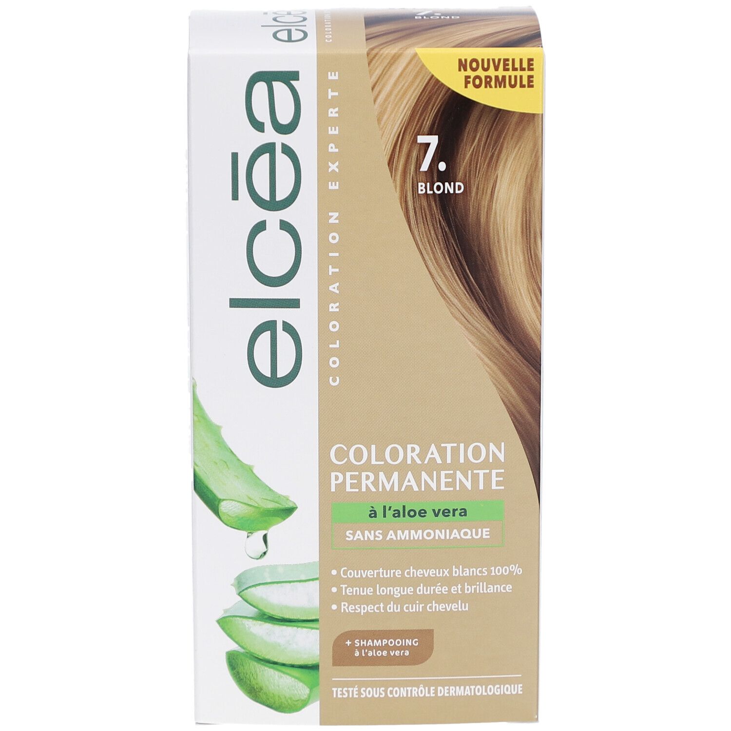 Boîte de coloration permanente ELCEA, Blond 7, à l'aloe vera, sans ammoniaque. Illustration d'une feuille d'aloe vera.