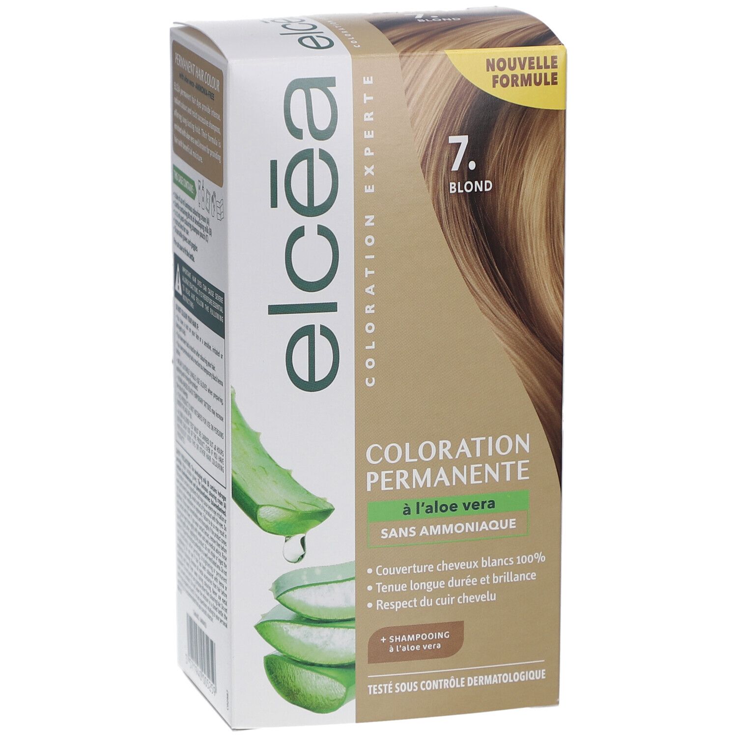 Boîte de coloration permanente ELCEA, Blond 7, à l'aloe vera, sans ammoniaque. Illustration d'une feuille d'aloe vera.