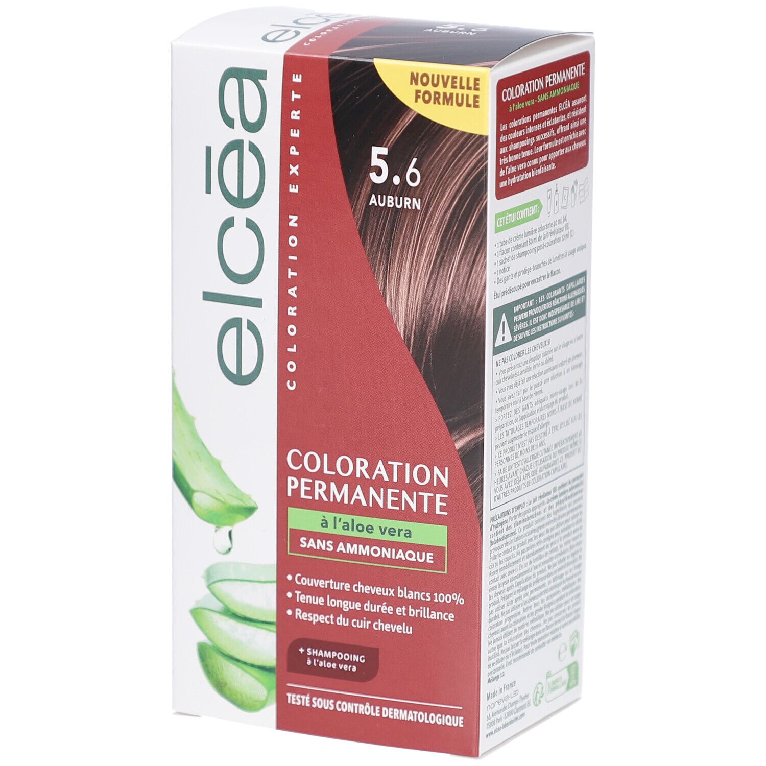 Boîte de coloration capillaire ELCEA COLOR EXPERT 5.6 Auburn. Coloration permanente à l'aloe vera, sans ammoniaque. Testé dermatologiquement.