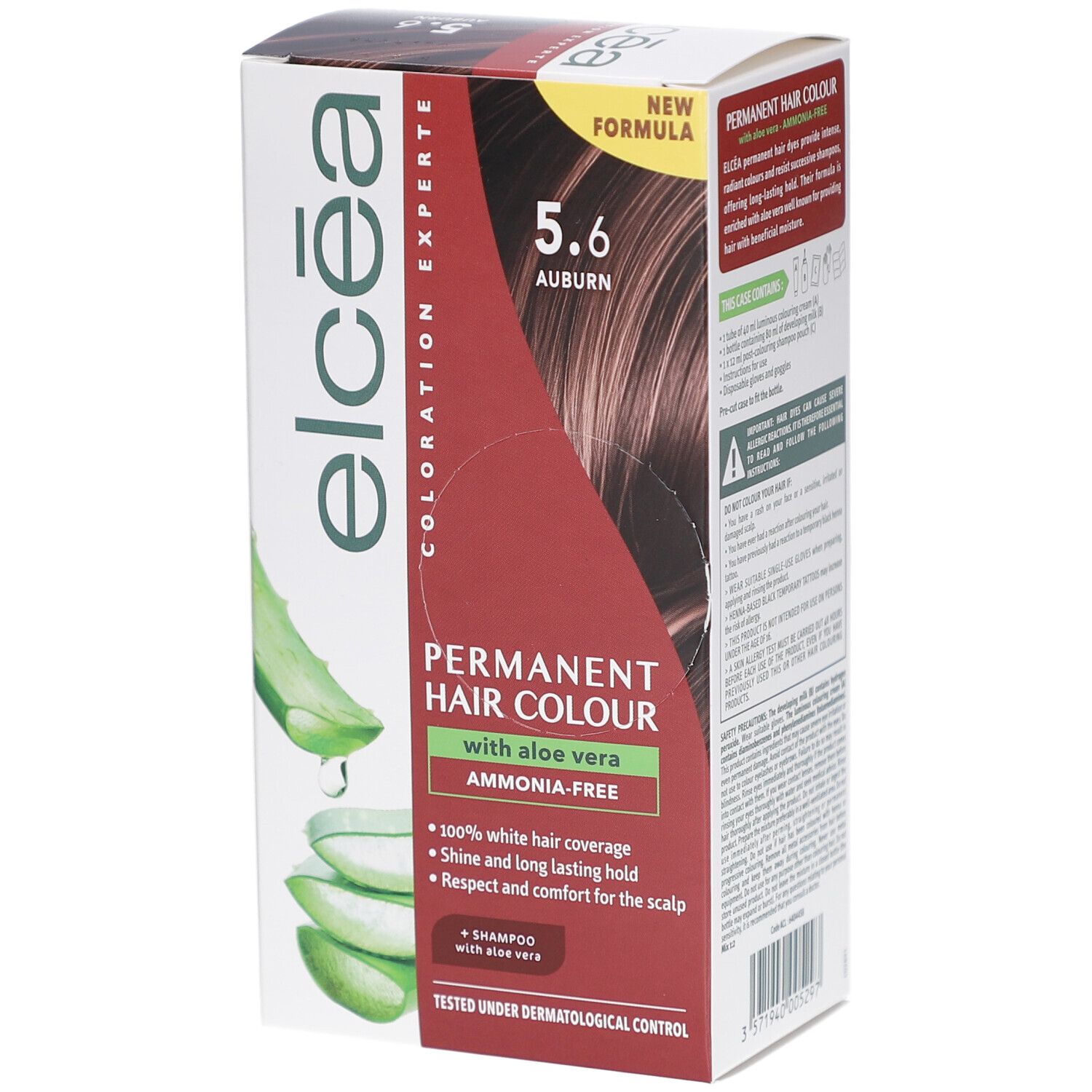 Boîte de coloration capillaire. Texte: Coloration permanente avec aloe vera, sans ammoniaque. 5.6 Auburn. Contient de l'aloe vera. Testé dermatologiquement.