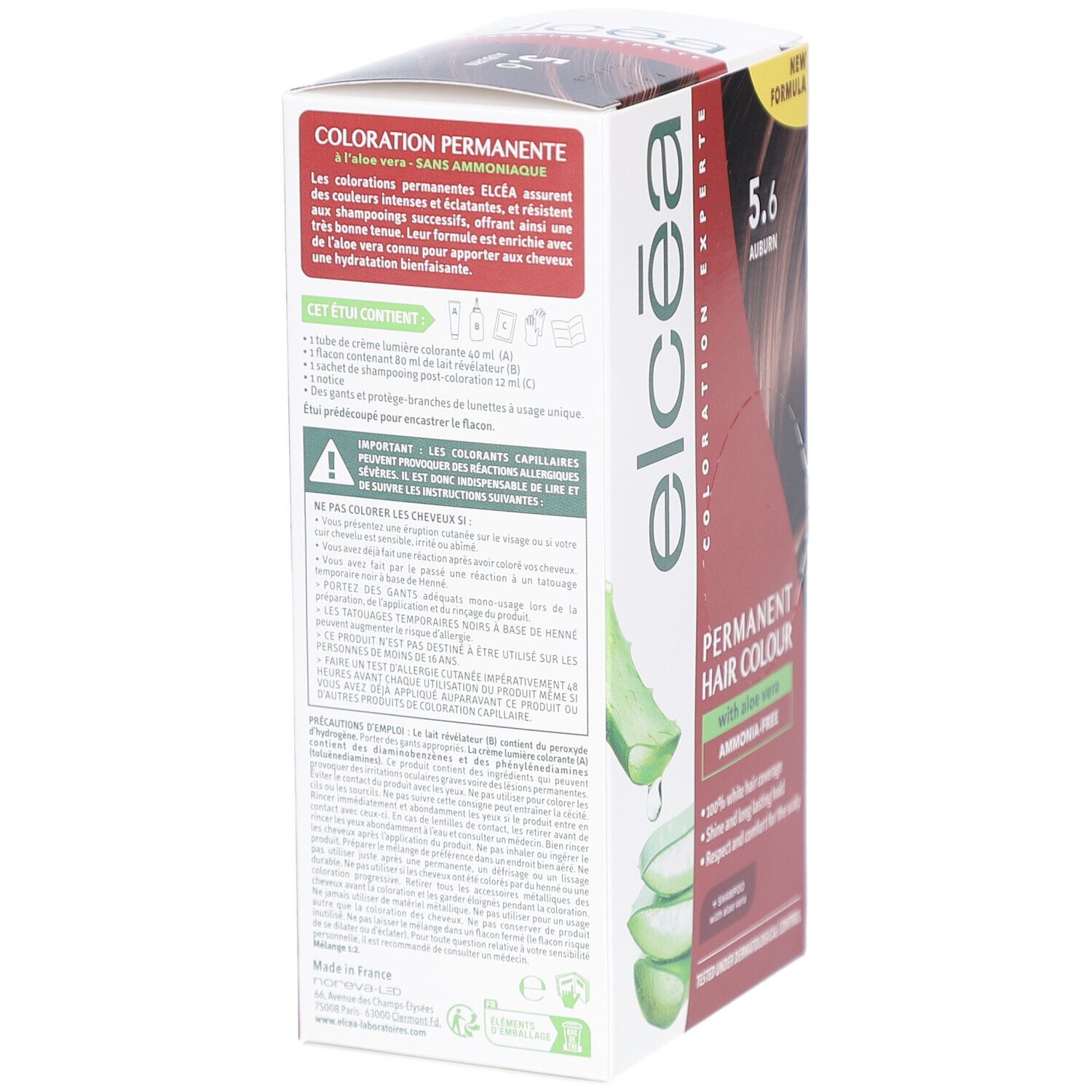 Dos de la boîte de coloration capillaire. Texte: Coloration permanente, sans ammoniaque. Instructions et avertissements. Ingrédients.