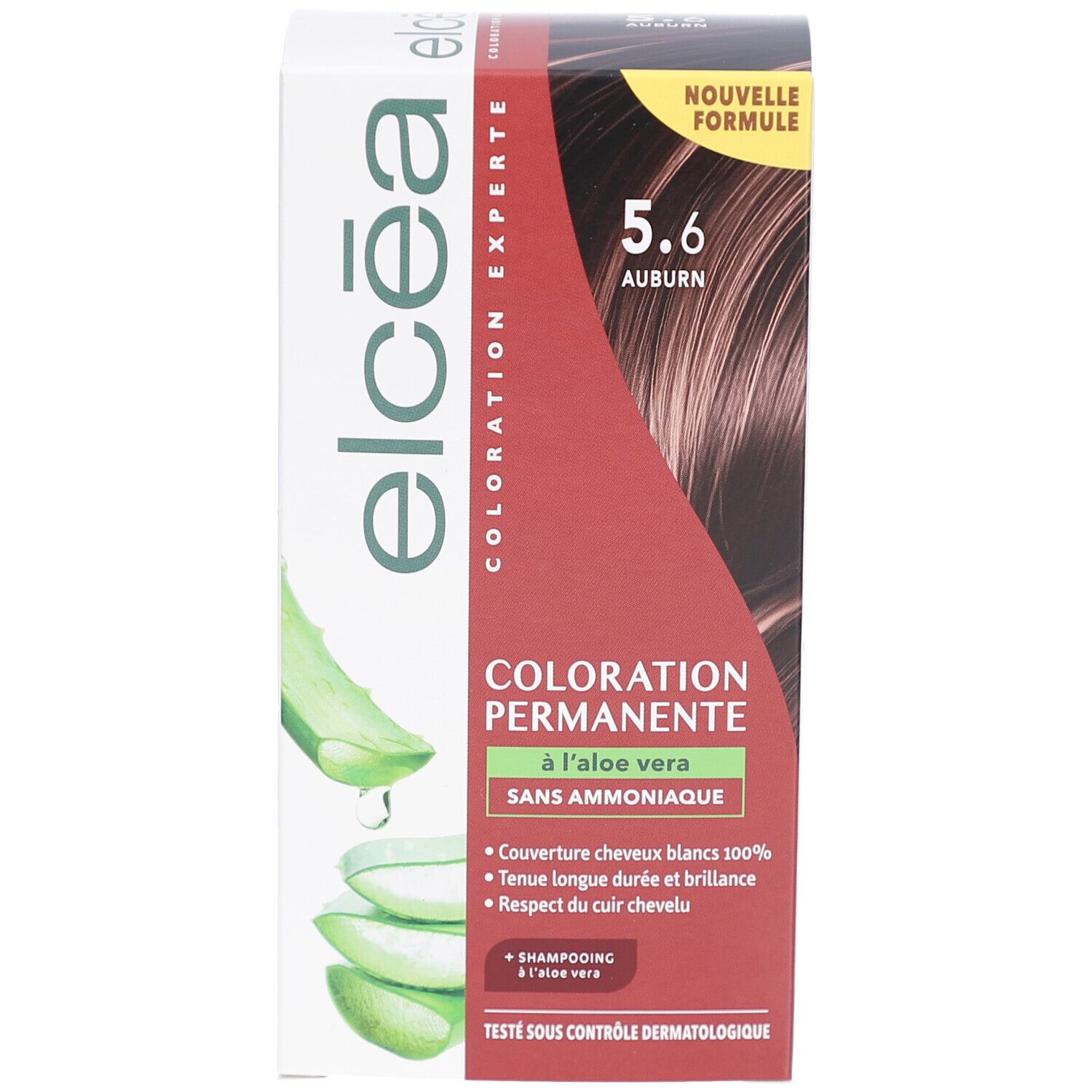 Boîte de coloration capillaire ELCEA COLOR EXPERT 5.6 Auburn. Coloration permanente à l'aloe vera, sans ammoniaque. Testé dermatologiquement.