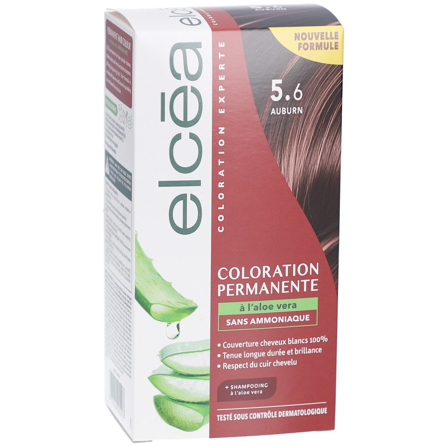 Boîte de coloration capillaire ELCEA COLOR EXPERT 5.6 Auburn. Coloration permanente à l'aloe vera, sans ammoniaque. Testé dermatologiquement.
