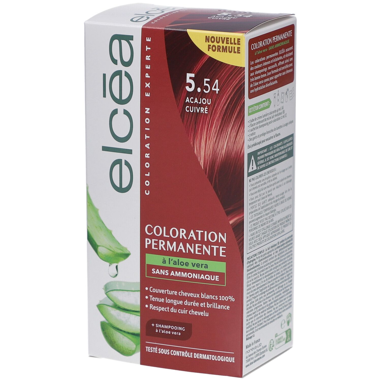 Boîte ELCEA Coloration Permanente Acajou Cuivré – 5.54. Inscription « Nouvelle Formule ». Logo Aloe Vera. Informations produit.