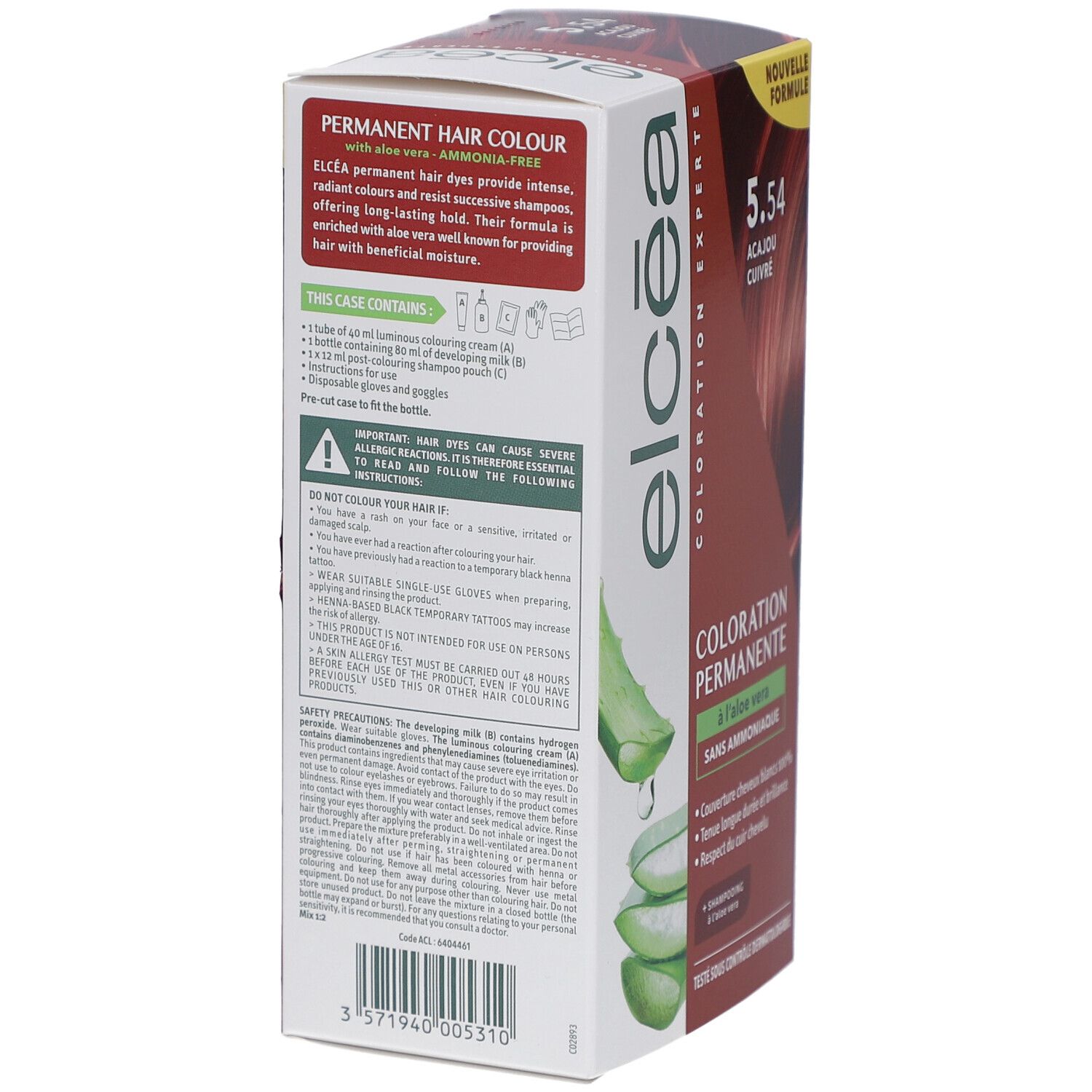 Boîte de coloration permanente ELCEA 5.54 Acajou Cuivré. Contient de l'aloe vera. Texte en français. Vue arrière.