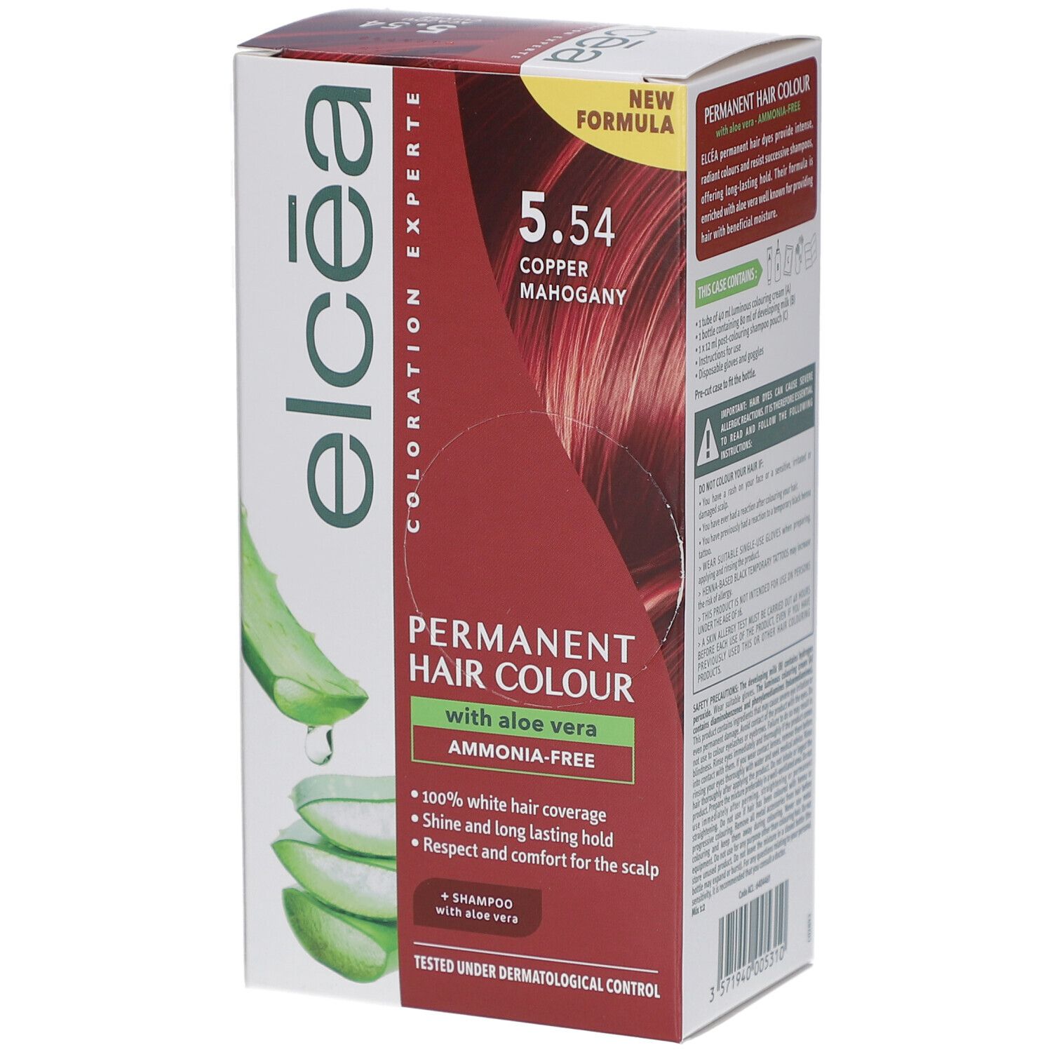 Boîte ELCEA Coloration Permanente Copper Mahogany – 5.54. Inscription « Nouvelle Formule ». Logo Aloe Vera. Informations produit.