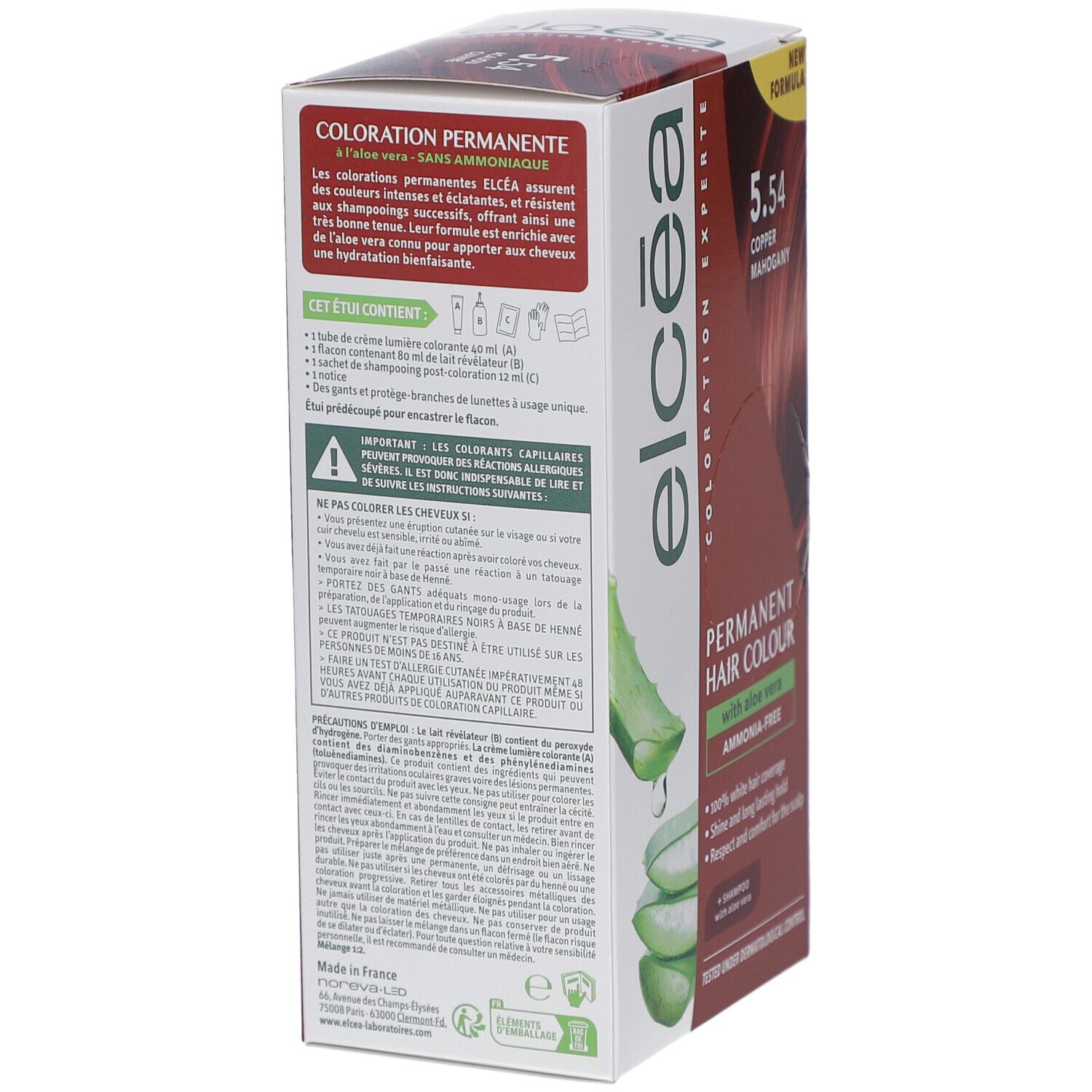 Boîte de coloration permanente ELCEA 5.54 Acajou Cuivré. Contient de l'aloe vera. Texte en français. Vue latérale.