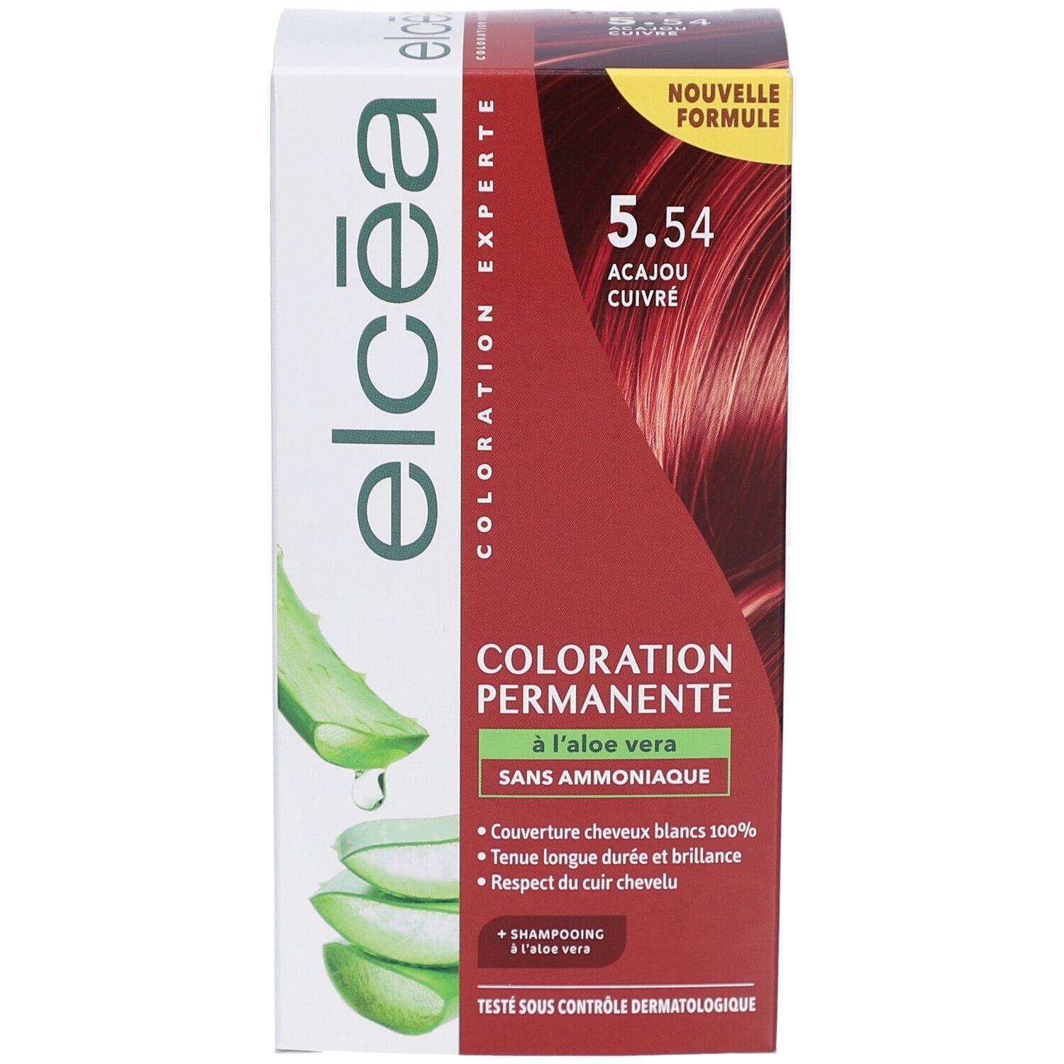 Boîte de coloration permanente ELCEA 5.54 Acajou Cuivré. Contient de l'aloe vera. Vue de face.