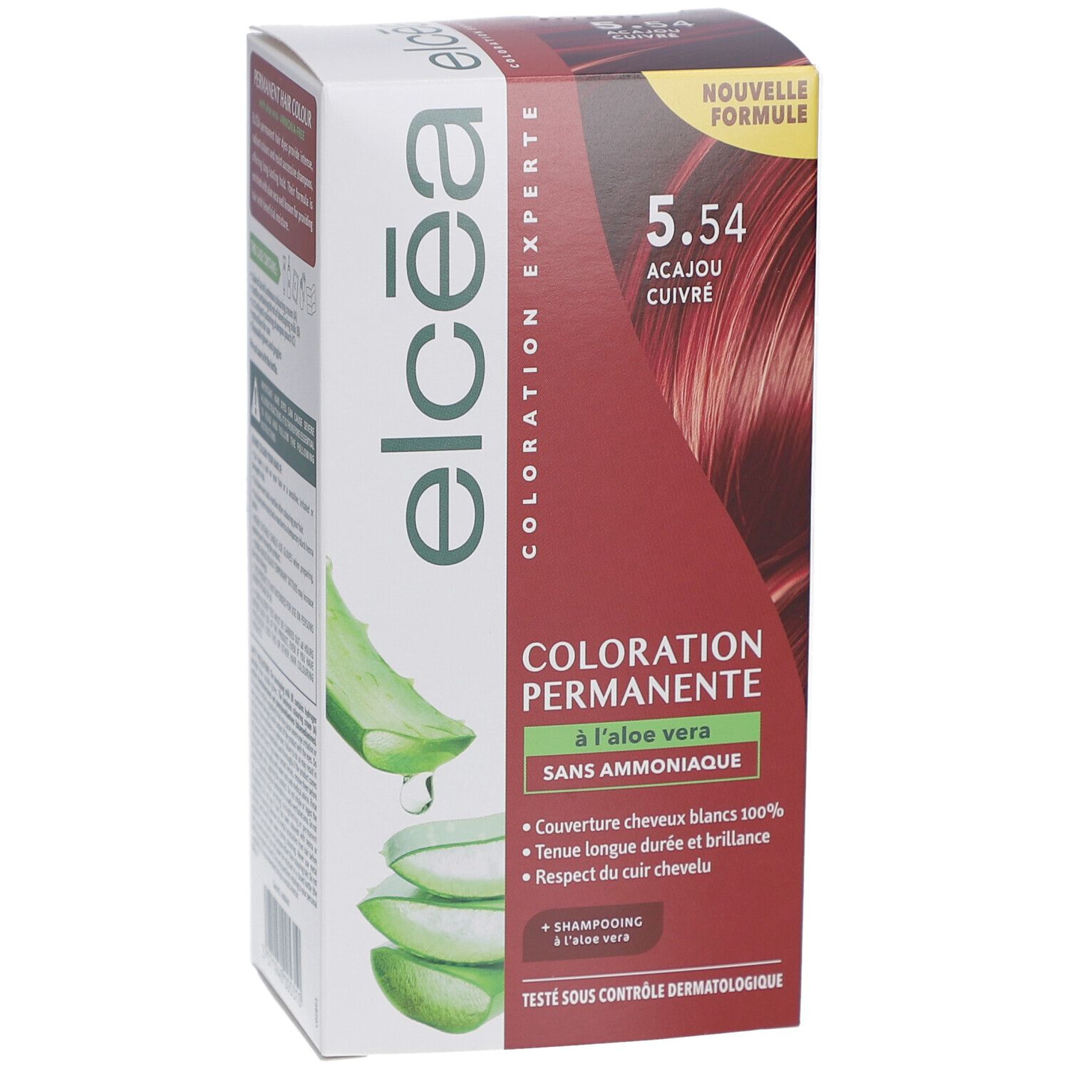 Boîte de coloration permanente ELCEA 5.54 Acajou Cuivré. Contient de l'aloe vera. Vue de face.
