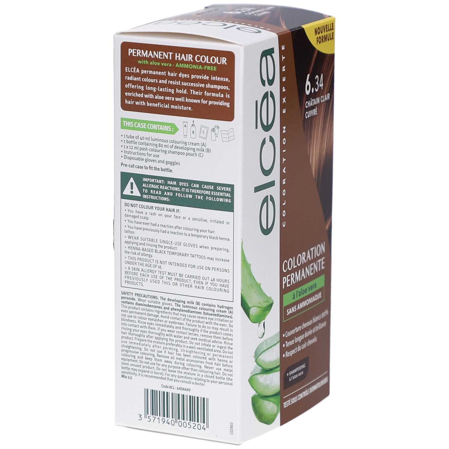 Dos de la boîte de coloration Elcea. Texte en français. Détails sur le produit, ingrédients et précautions d'emploi. Fond blanc.