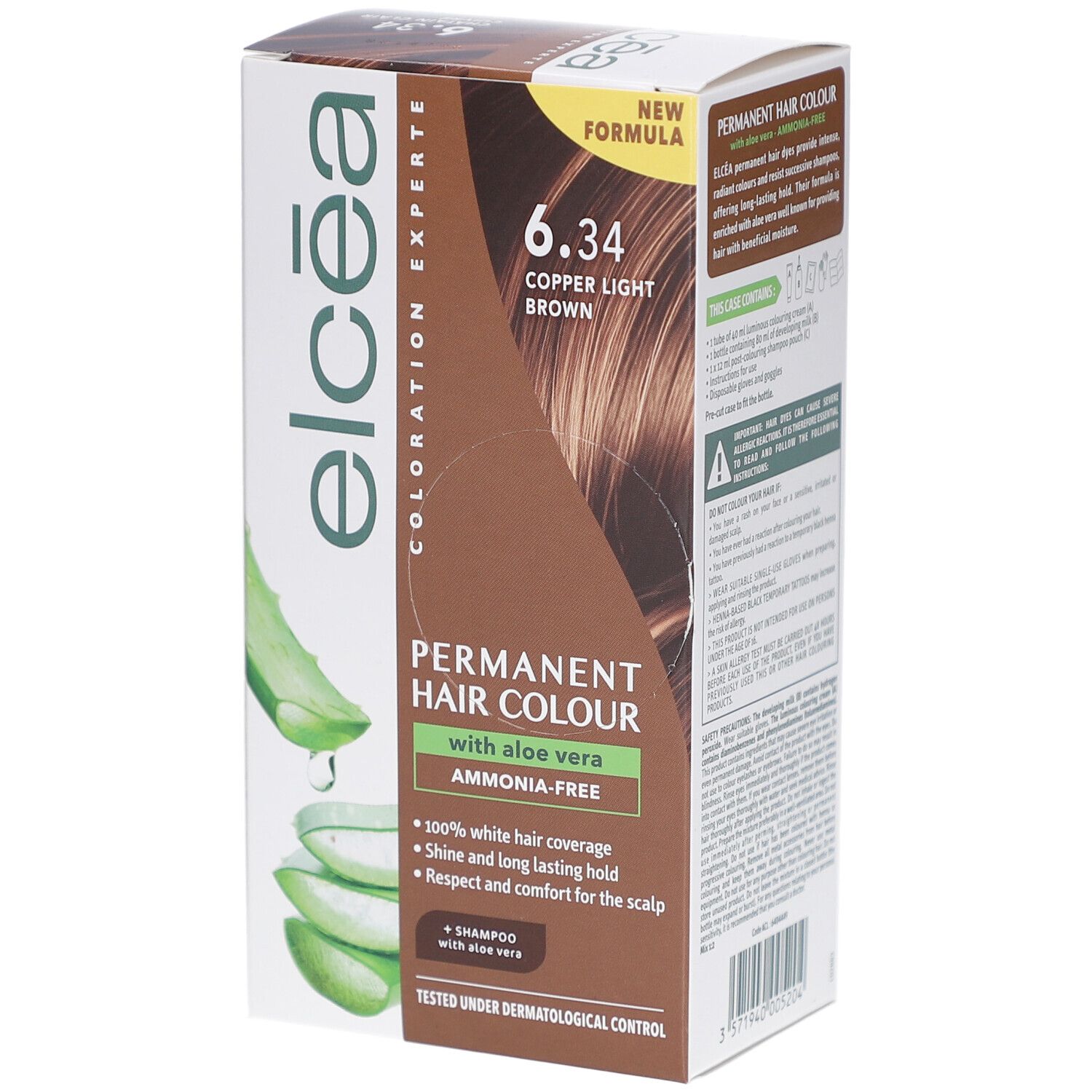 Boîte de coloration capillaire ELCEA 6.34 Copper Light Brown. Logo aloe vera et mentions. Testé dermatologiquement.