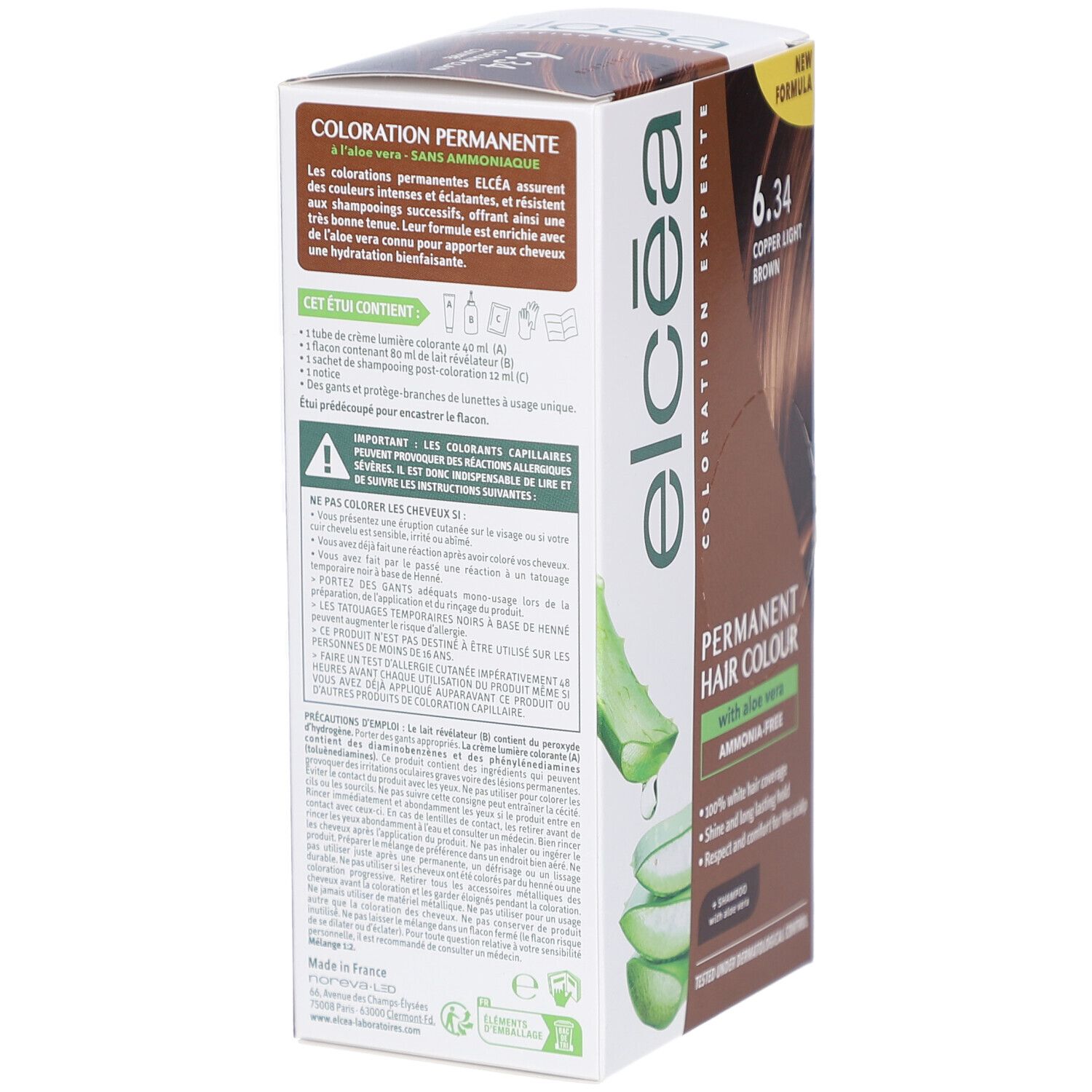 Dos de la boîte de coloration capillaire avec texte et logos. Contient des informations d'utilisation et ingrédients. Testé dermatologiquement.