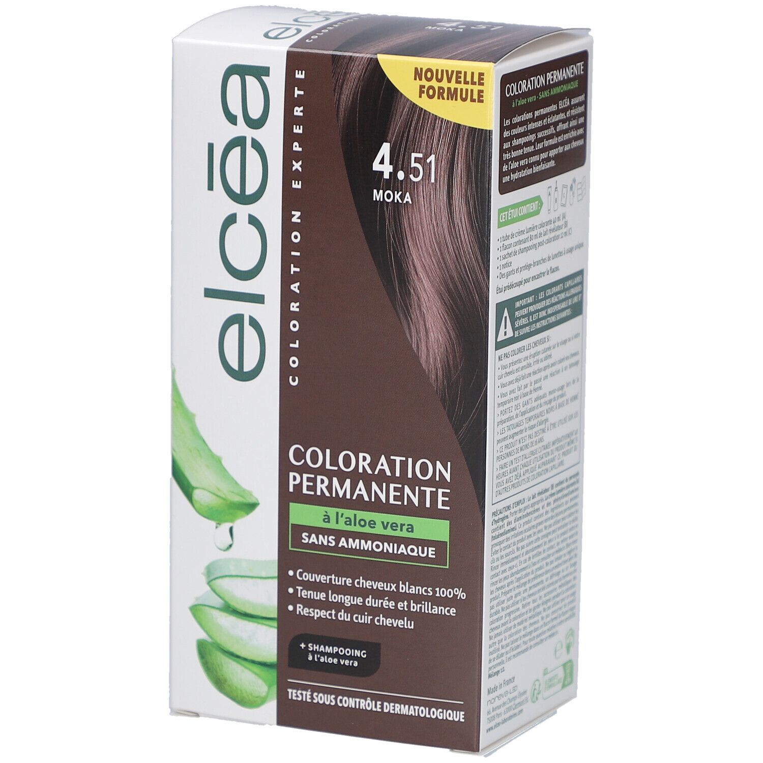 Boîte ELCEA Coloration Permanente Moka 4.51. Face avant avec informations produit, illustration d'aloe vera et texte.